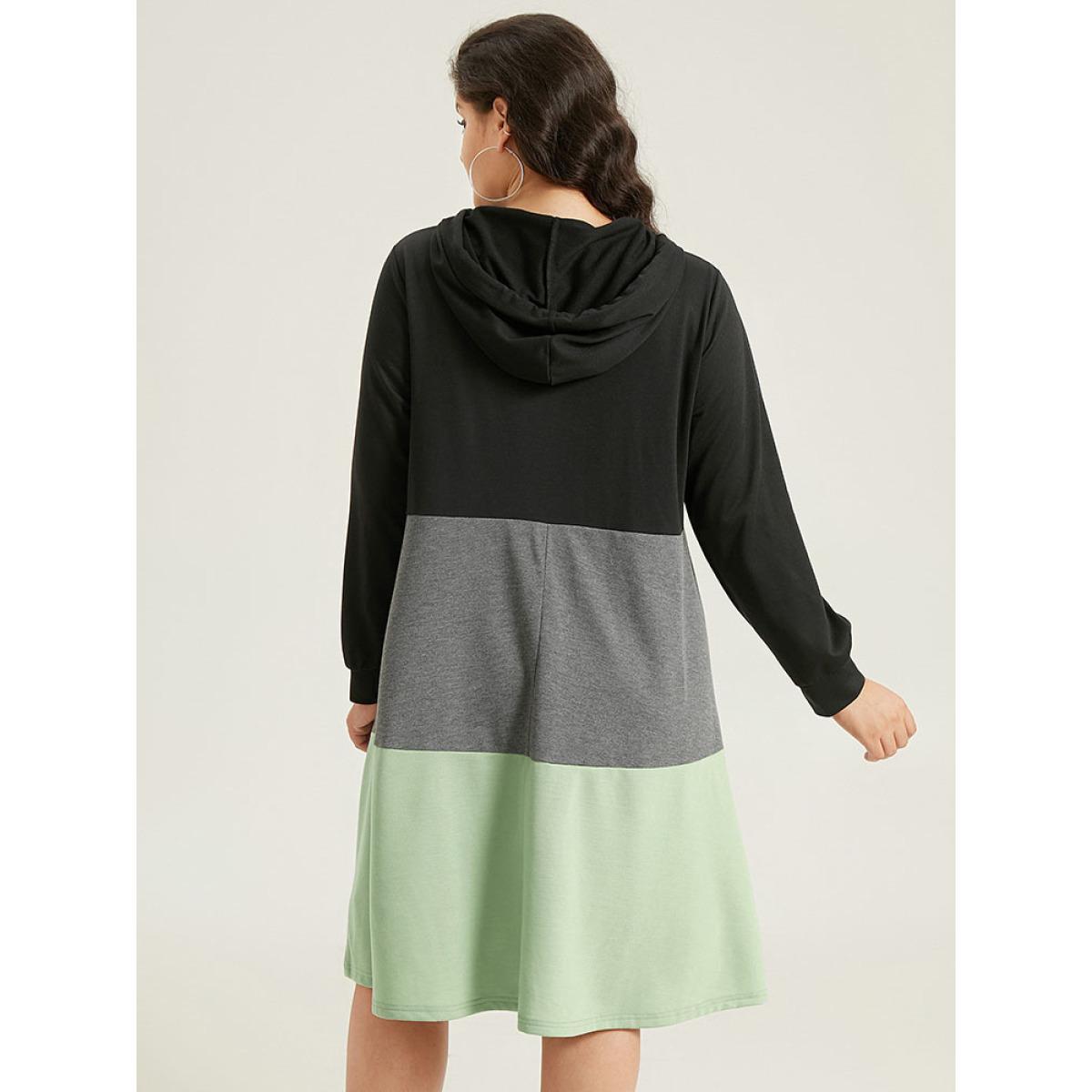 Plus Size Colorblock Contrast Hooded Drawstring Dress Black Women Casual Contrast Hooded Long Sleeve Curvy Midi Dress BloomChic 10/M Product Image