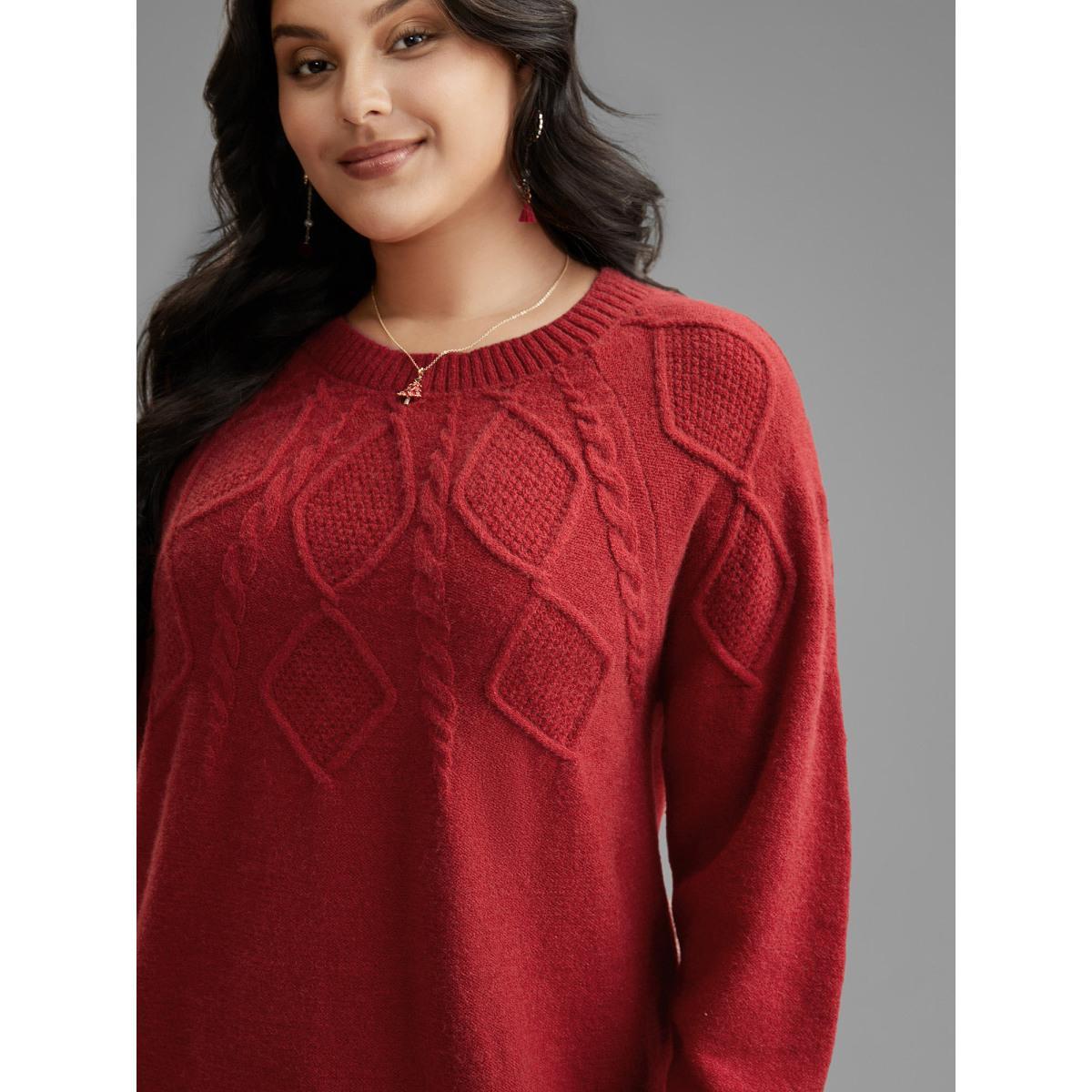 Plus Size Cable Knit Bodice Crew-Neck Pullover Cerulean Women Casual Loose Long Sleeve Round Neck Everyday Pullovers BloomChic 28/5X Product Image