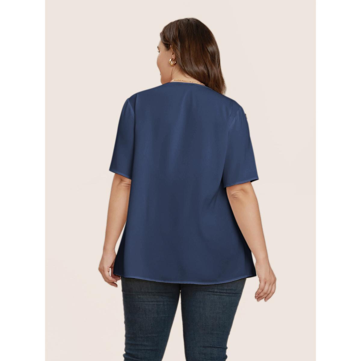 Plus Size Indigo Plain Round Neck Button Detail Blouse Women Casual Short sleeve Round Neck Everyday Blouses BloomChic 30/6X Product Image