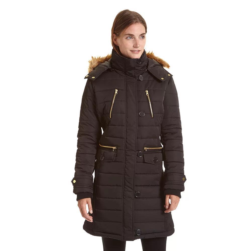 Women's Excelled Long Hooded Puffer Jacket, Size: Small, Black Product Image