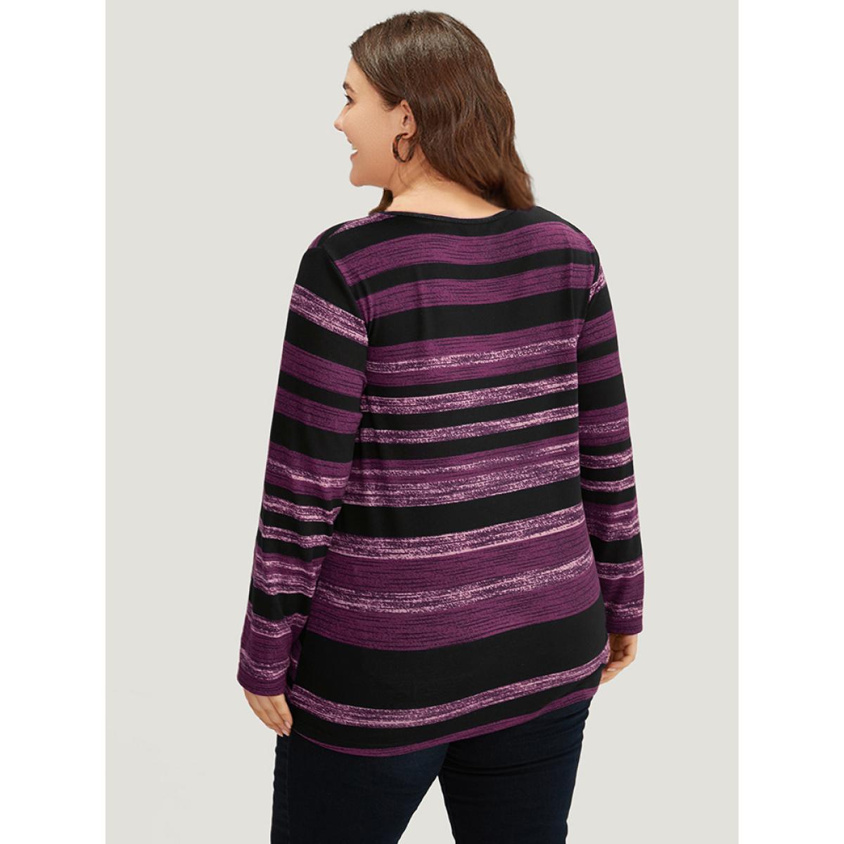 Plus Size Striped Contrast V Neck T-shirt Purple Women Casual Printed Striped V-neck Dailywear T-shirts BloomChic 18-20/2X Product Image