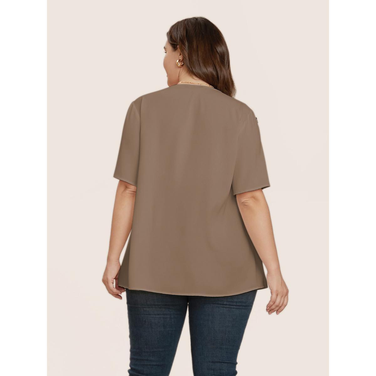 Plus Size Tan Plain Round Neck Button Detail Blouse Women Casual Short sleeve Round Neck Everyday Blouses BloomChic 12/L Product Image