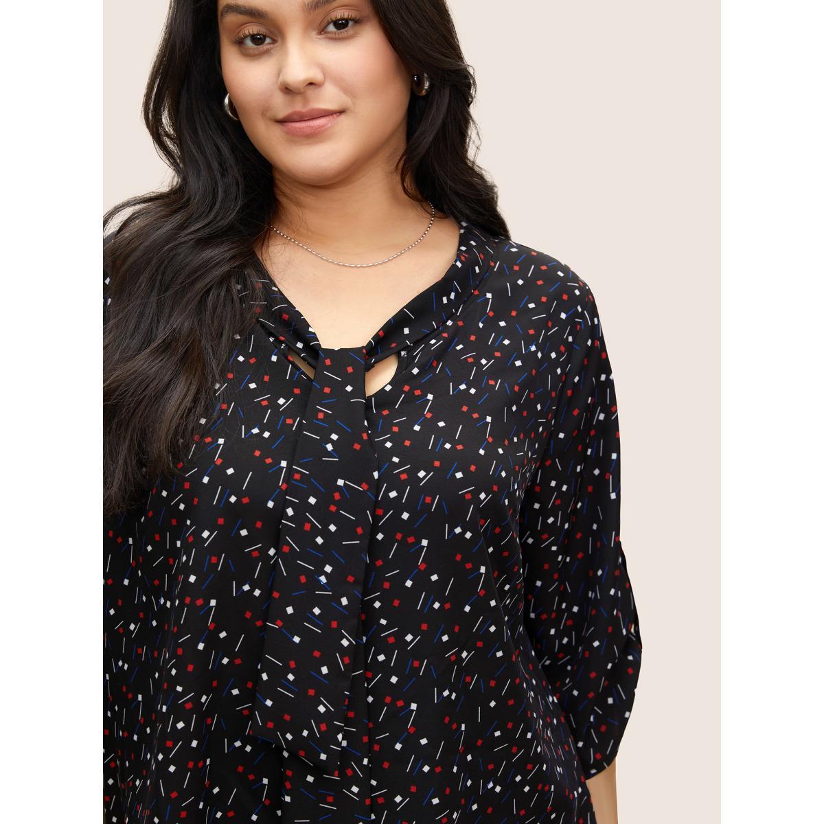 Plus Size Black Geometric Tab Sleeve Tie Neck Blouse Women At the Office Elbow-length sleeve Ribbon-tied collar Work Blouses BloomChic 10/M Product Image