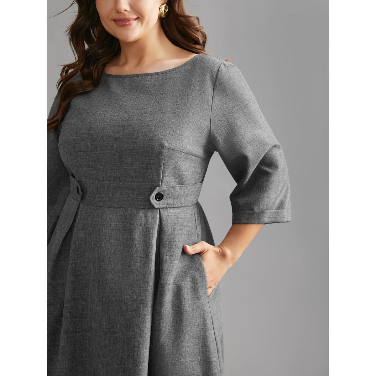 Plus Size Buckled Waist Loops Pleated Midi Dress DarkGray Women At the Office Pleated Boat Neck Elbow-length sleeve Curvy BloomChic 22-24/3X Product Image