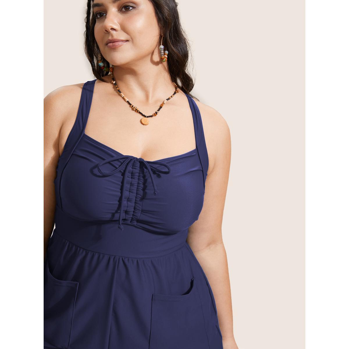 Plus Size Plain Patched Pocket Drawstring One Piece Swimsuit Women's Swimwear Indigo Beach Gathered Curve Bathing Suits High stretch One Pieces BloomChic 18-20/2X Product Image