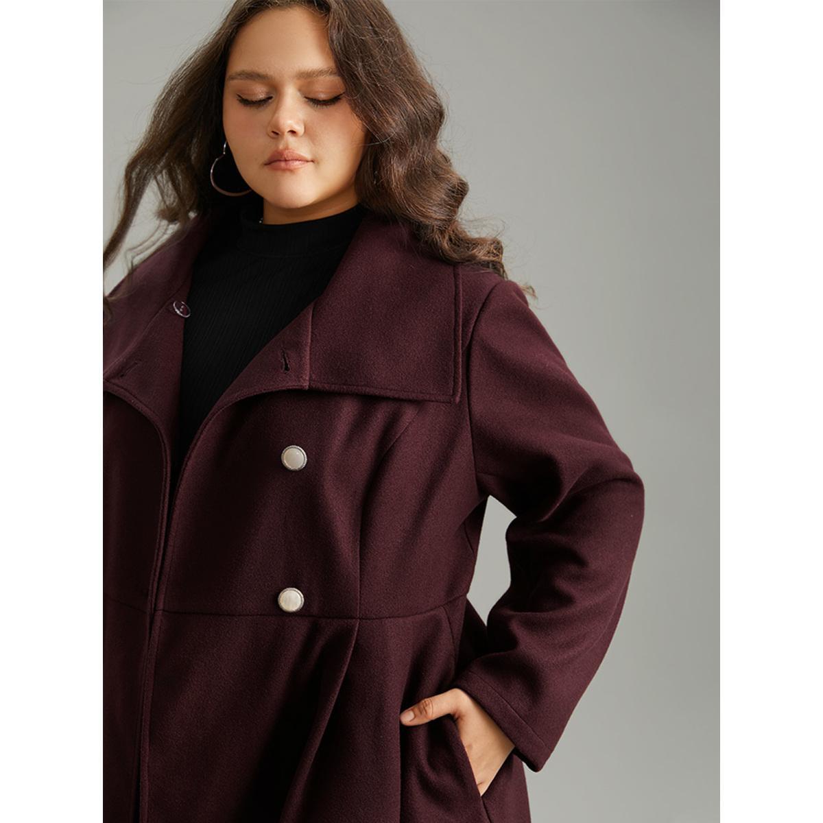 Plus Size Plain Button Up Pocket Asymmetrical Lapel Collar Coat Women Burgundy Elegant Plain Ladies Everyday Winter Coats BloomChic 18-20/2X Product Image