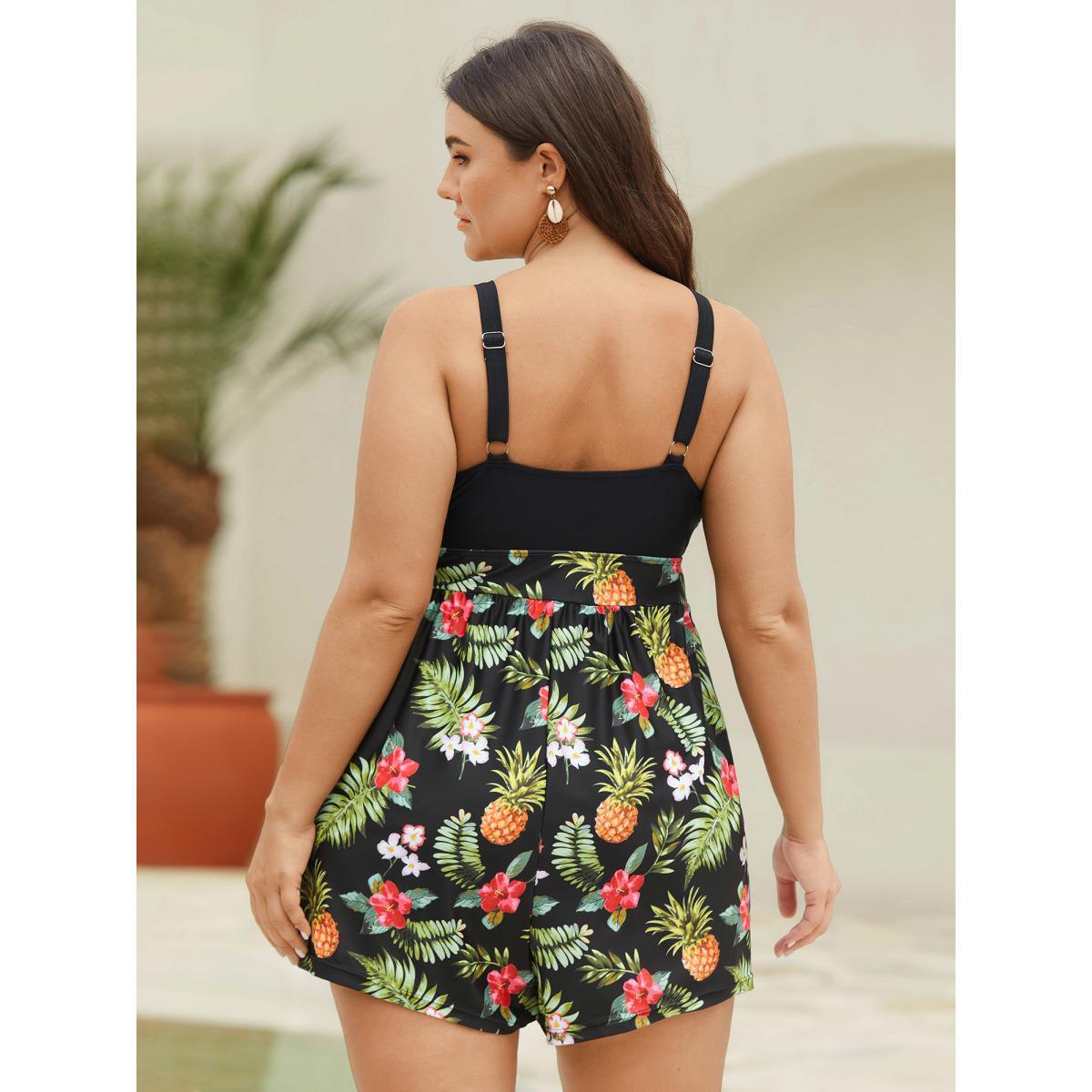 Plus Size Tropical Floral Pockets One-Piece Swimsuit Women's Swimwear Black Beach Tie knot Curve Bathing Suits High stretch One Pieces BloomChic 18-20/2X Product Image