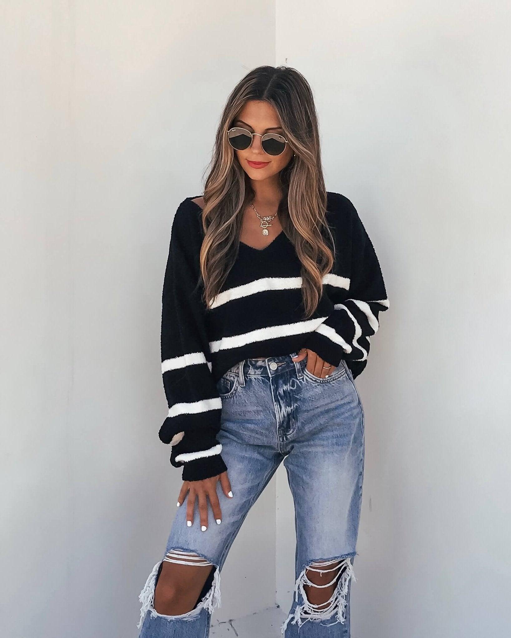 Black and White Striped V Neck Sweater - FINAL SALE Product Image