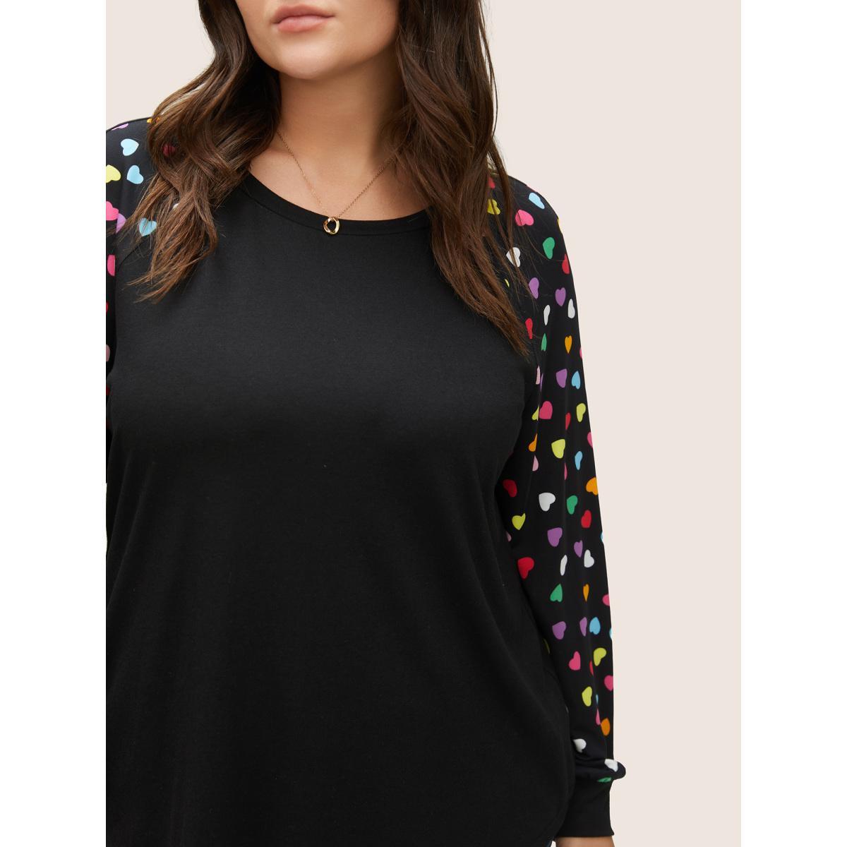 Plus Size Colour Heart Print Raglan Sleeve T-shirt Black Women Elegant Non Heart Print Round Neck Everyday T-shirts BloomChic 22-24/3X Product Image