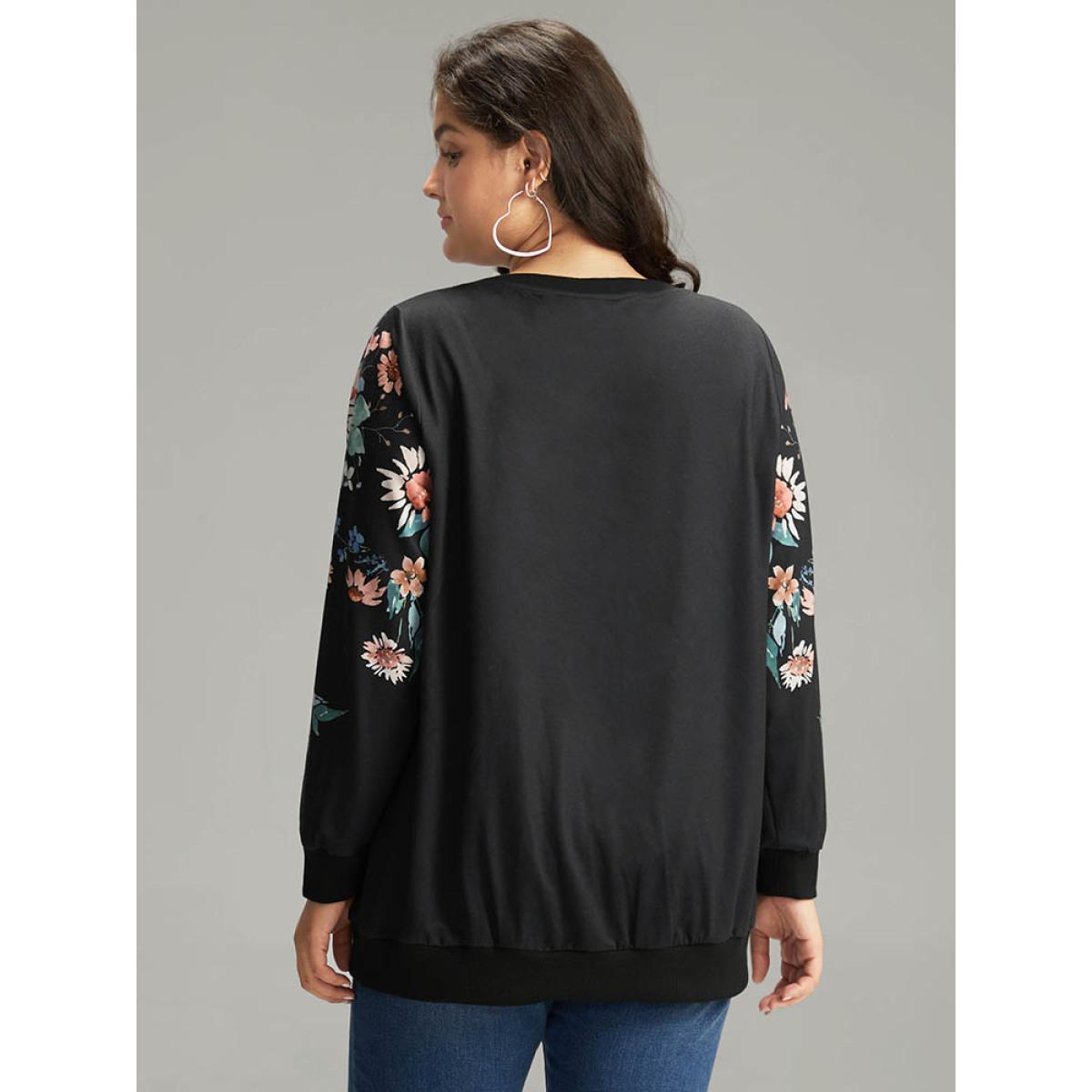 Plus Size Floral Print Round Neck Sweatshirt Women Black Casual Elastic cuffs Round Neck Dailywear Sweatshirts BloomChic 28/5X Product Image