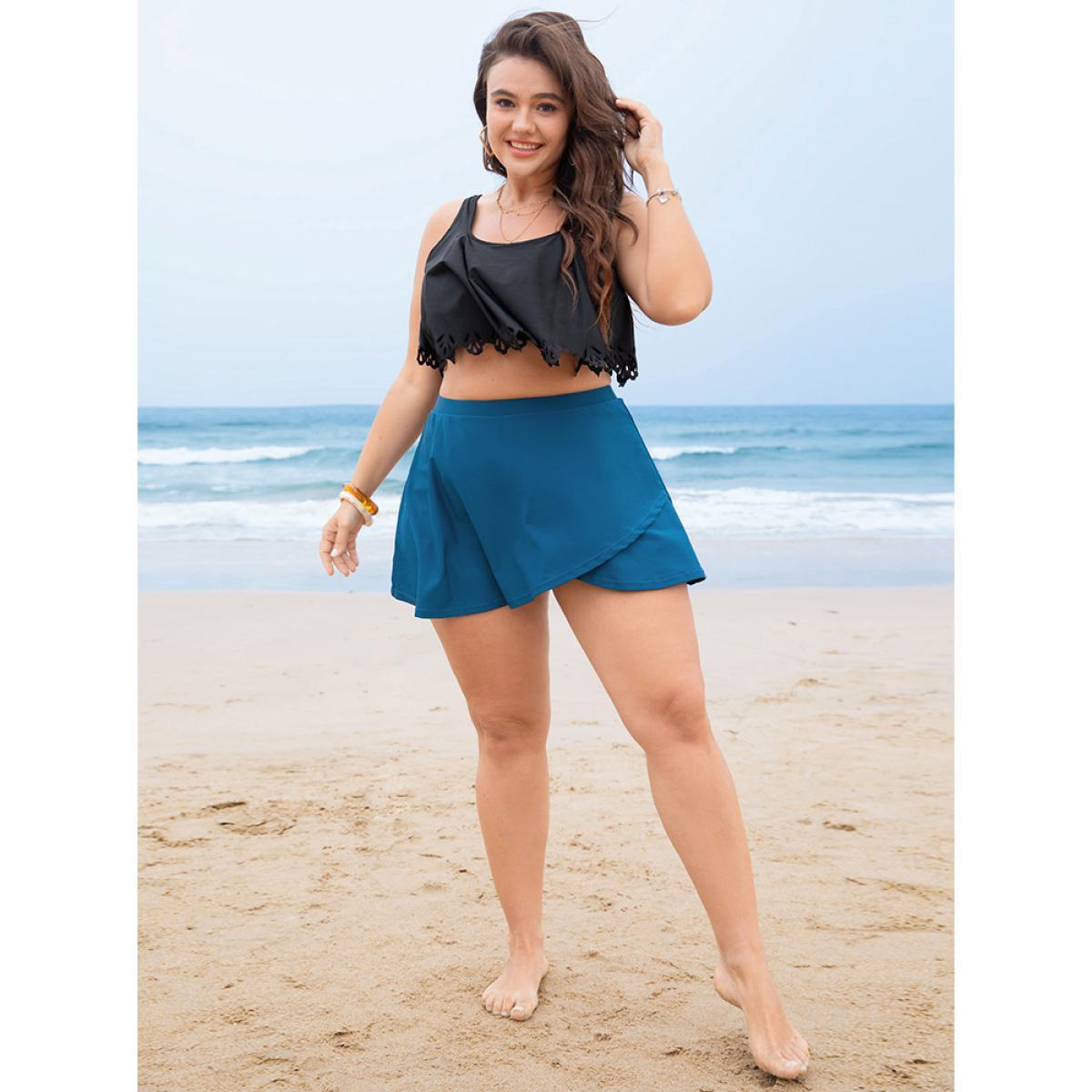 Plus Size Solid Ruffle Wrap Hem Swim Skirt Women's Swimwear Indigo Vacation A-line High stretch Bodycon High Rise Curve Swim Bottoms BloomChic 30/6X Product Image