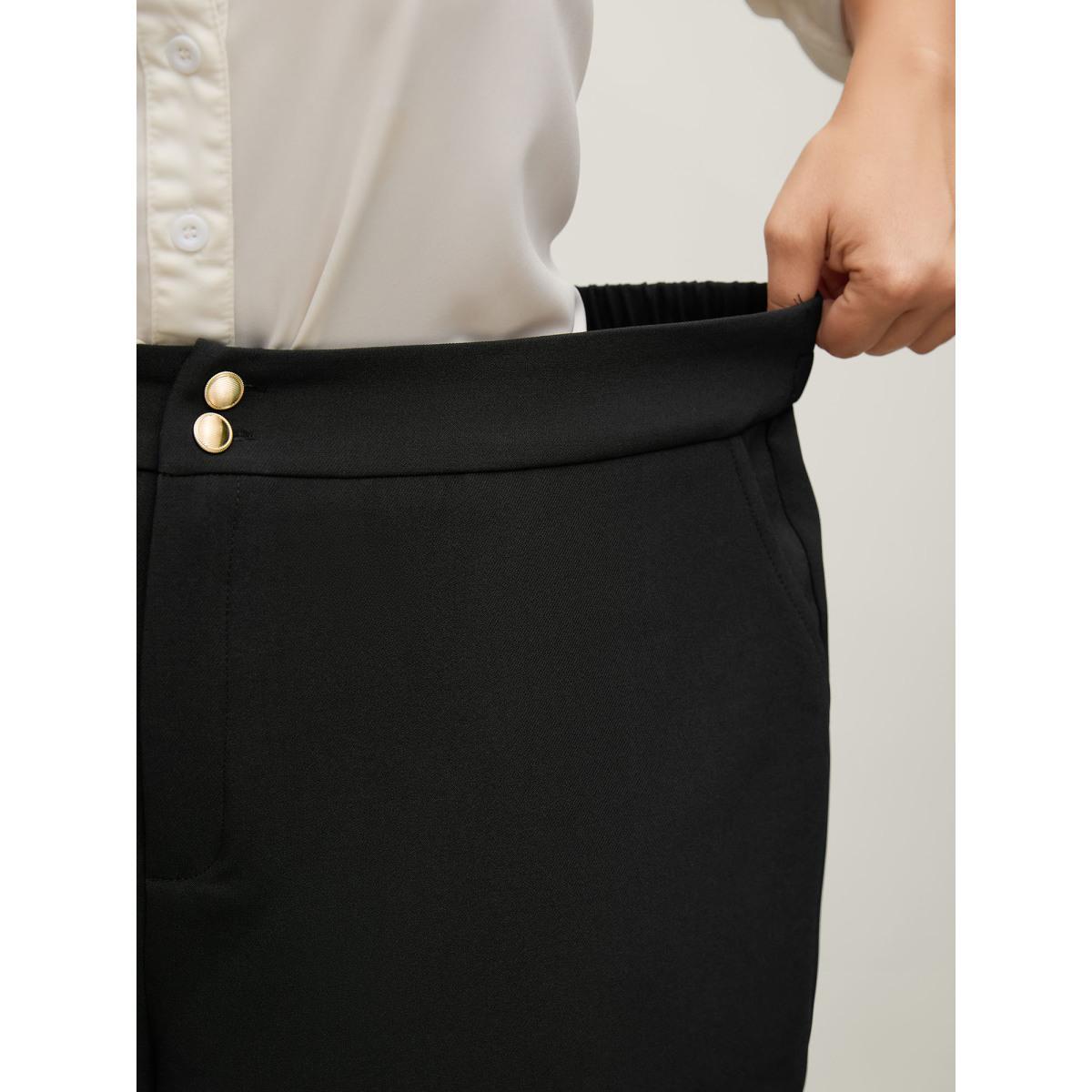 Plus Size Stretchy Double Button Straight-Leg Pants Women Black Loose Mid Rise Work Pants BloomChic 26/4X Product Image