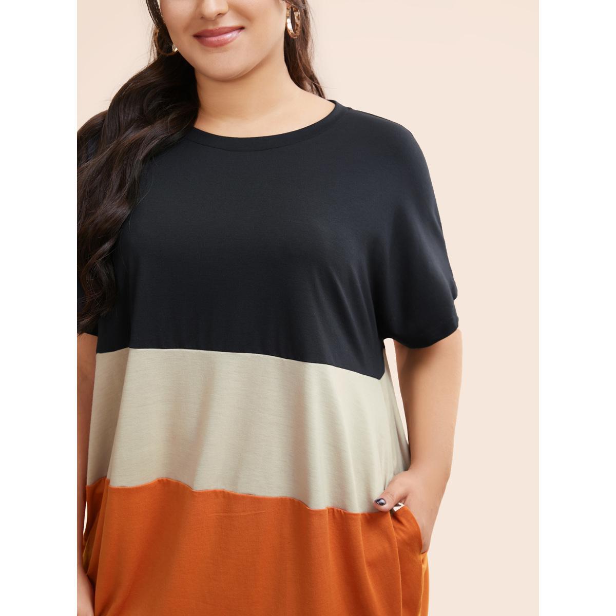 Plus Size Halloween Colorblock Contrast Pocket Crew Neck T-shirt Multicolor Women Casual Contrast Plain Round Neck Festival-Halloween T-shirts BloomChic 26/4X Product Image