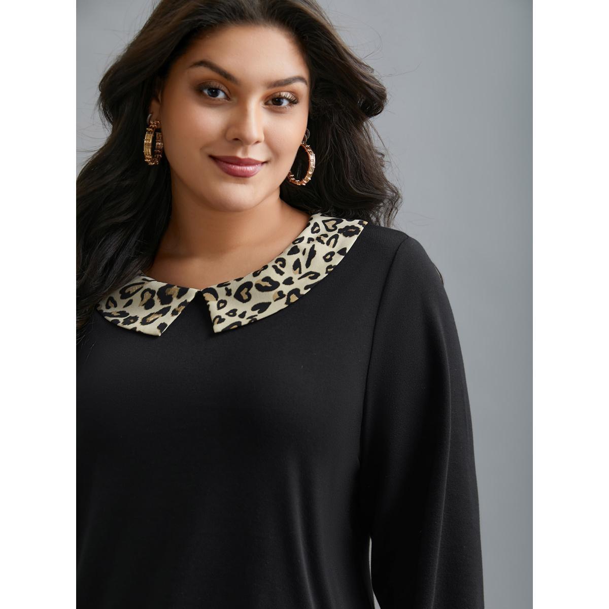 Plus Size Peter Pan Collar Leopard Print Patchwork Sweatshirt Women Black Elegant Contrast Peter Pan collar Everyday Sweatshirts BloomChic 22-24/3X Product Image