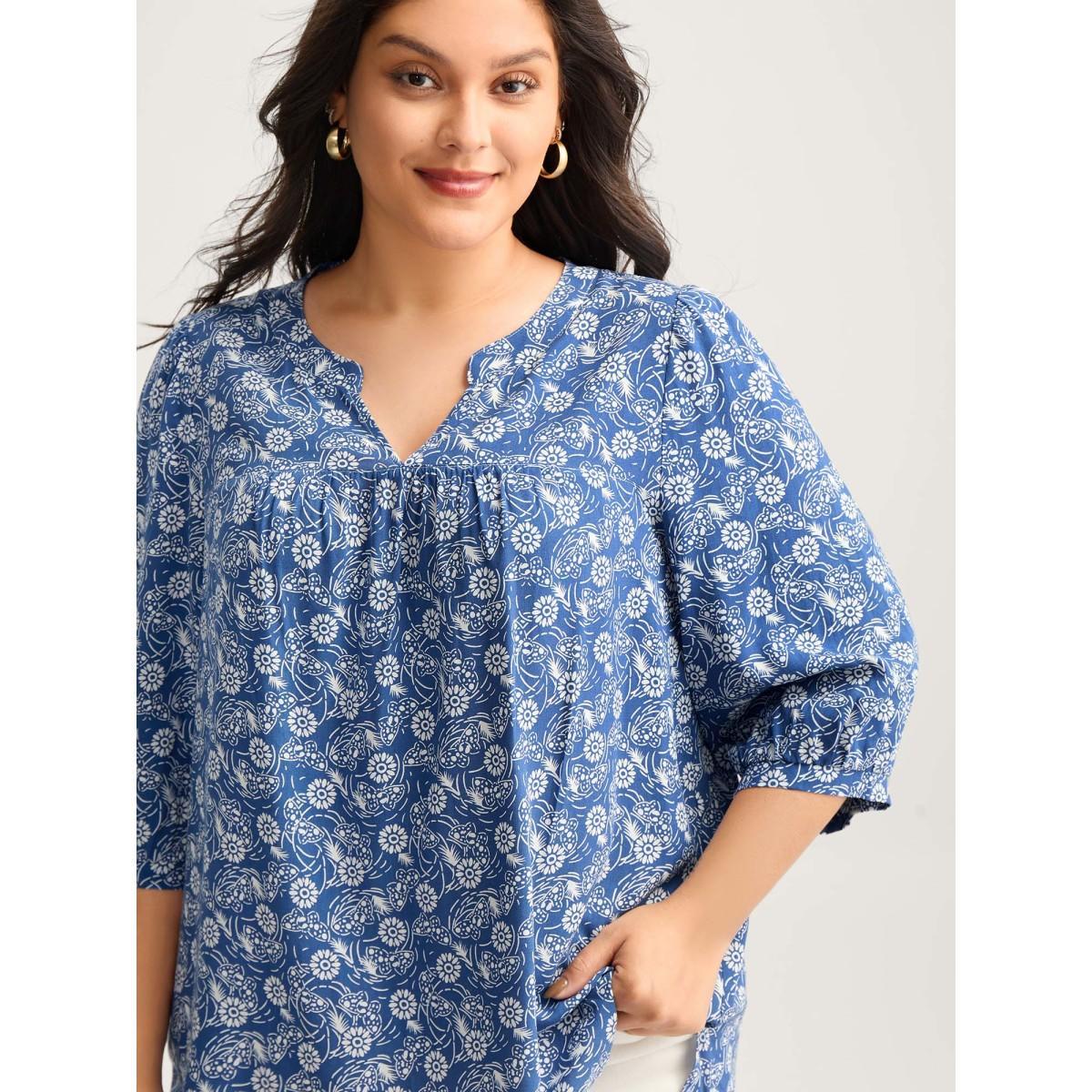 Plus Size Navy Floral Print Quarter Sleeve Blouse Women Elbow-length sleeve Notched collar Everyday-Casual Blouses BloomChic 28/5X Product Image