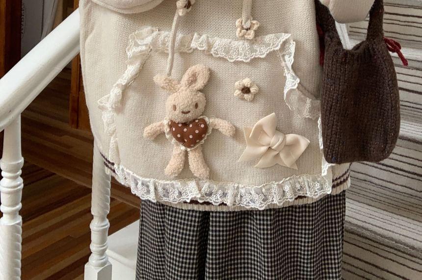 Rabbit Accent Lace Trim Oversized Knit Hoodie Product Image