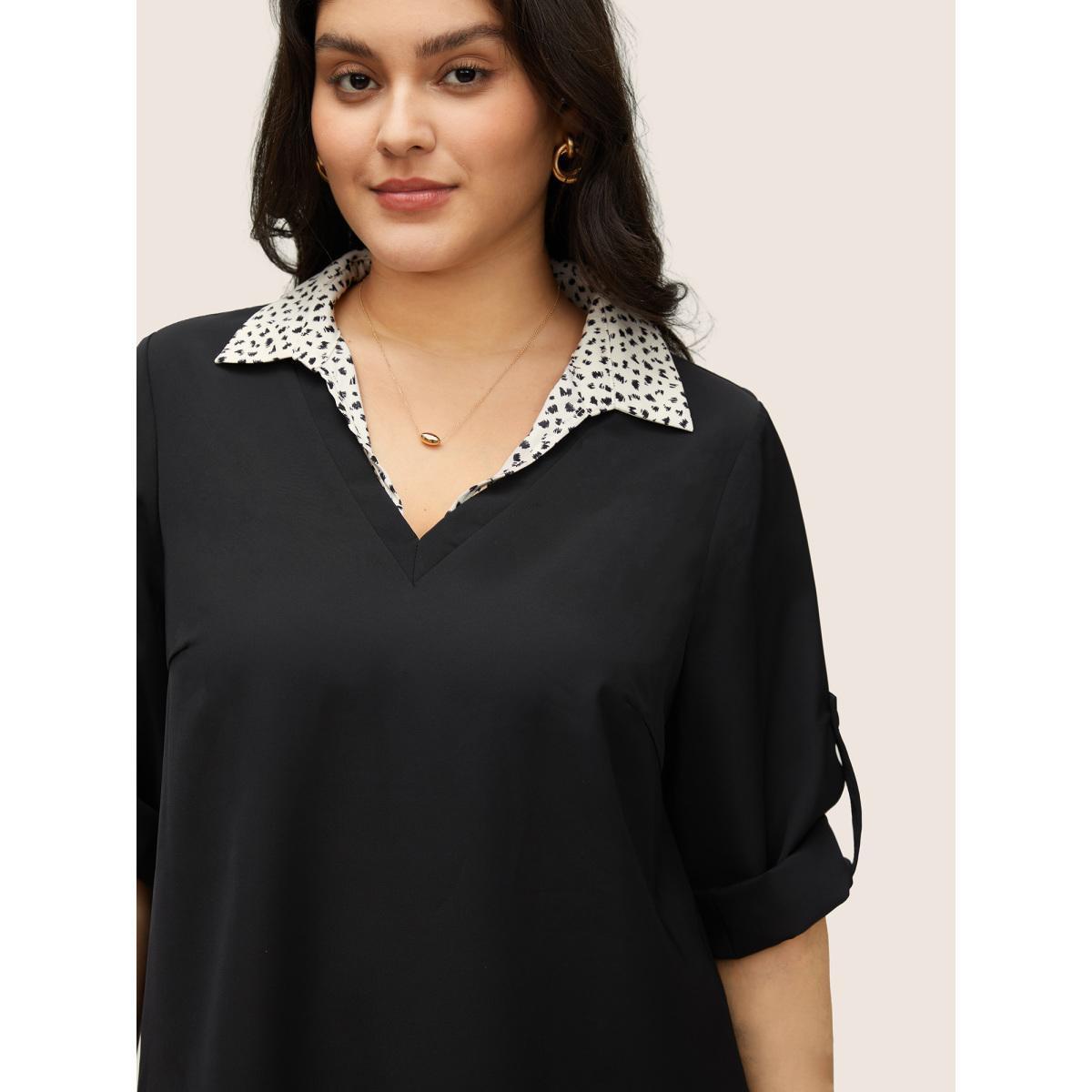 Plus Size Black Static-Free Leopard 2-In-1 Roll Tab Sleeve Blouse Women At the Office Elbow-length sleeve Shirt collar Work Blouses BloomChic 18-20/2X Product Image