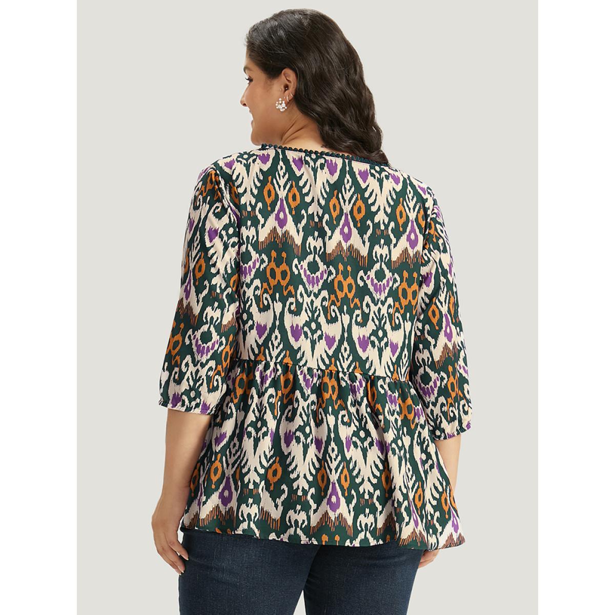 Plus Size Green Bandana Print Ties Pompom Trim Blouse Women Vacation Elbow-length sleeve V-neck Dailywear Blouses BloomChic 18-20/2X Product Image
