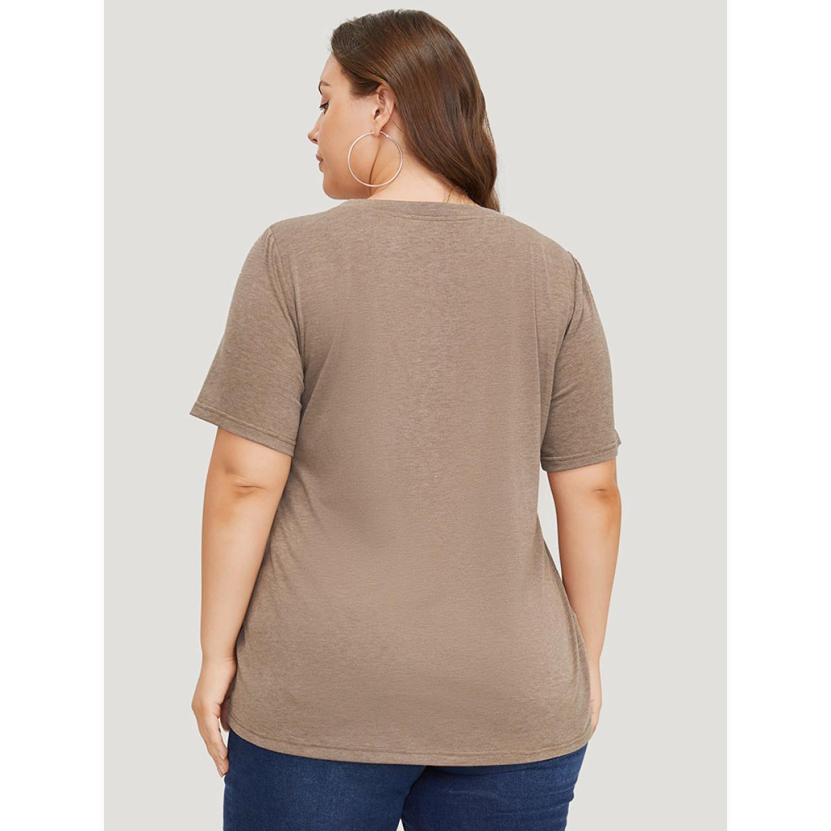 Plus Size Lace Panel Contrast Round Neck T-shirt DarkBrown Women Casual Heather Plain Round Neck Dailywear T-shirts BloomChic 12/L Product Image