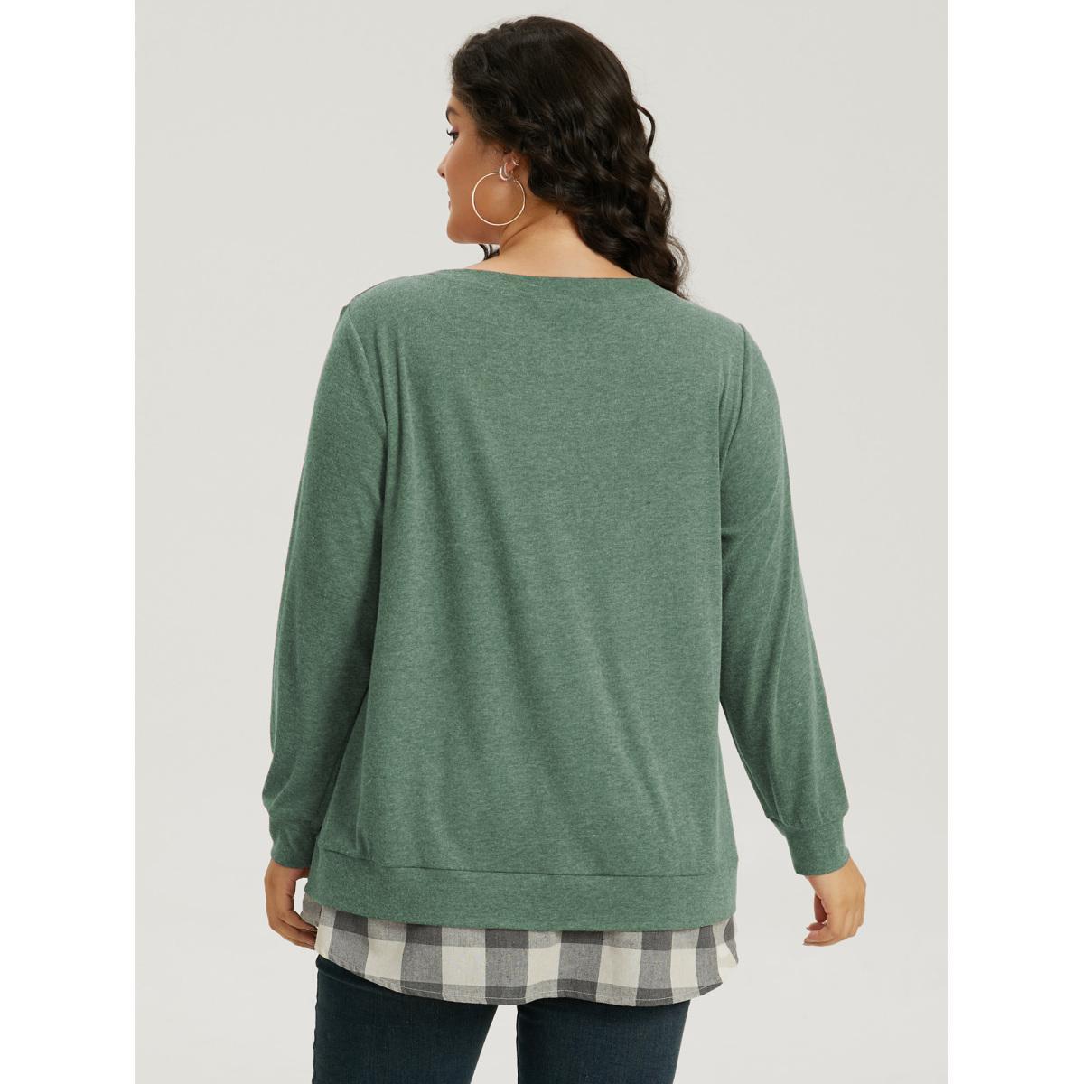 Plus Size Heather Plaid Patchwork Crew Neck T-shirt Green Women Casual Heather Plaid Round Neck Everyday T-shirts BloomChic 26/4X Product Image