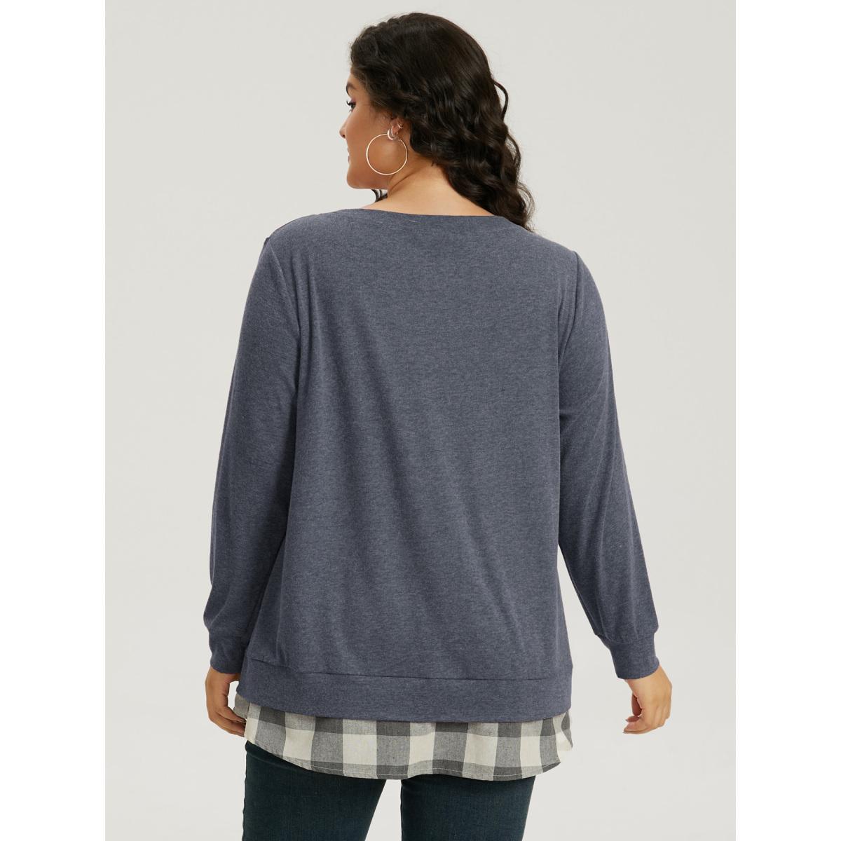 Plus Size Heather Plaid Patchwork Crew Neck T-shirt Blue Women Casual Heather Plaid Round Neck Everyday T-shirts BloomChic 12/L Product Image