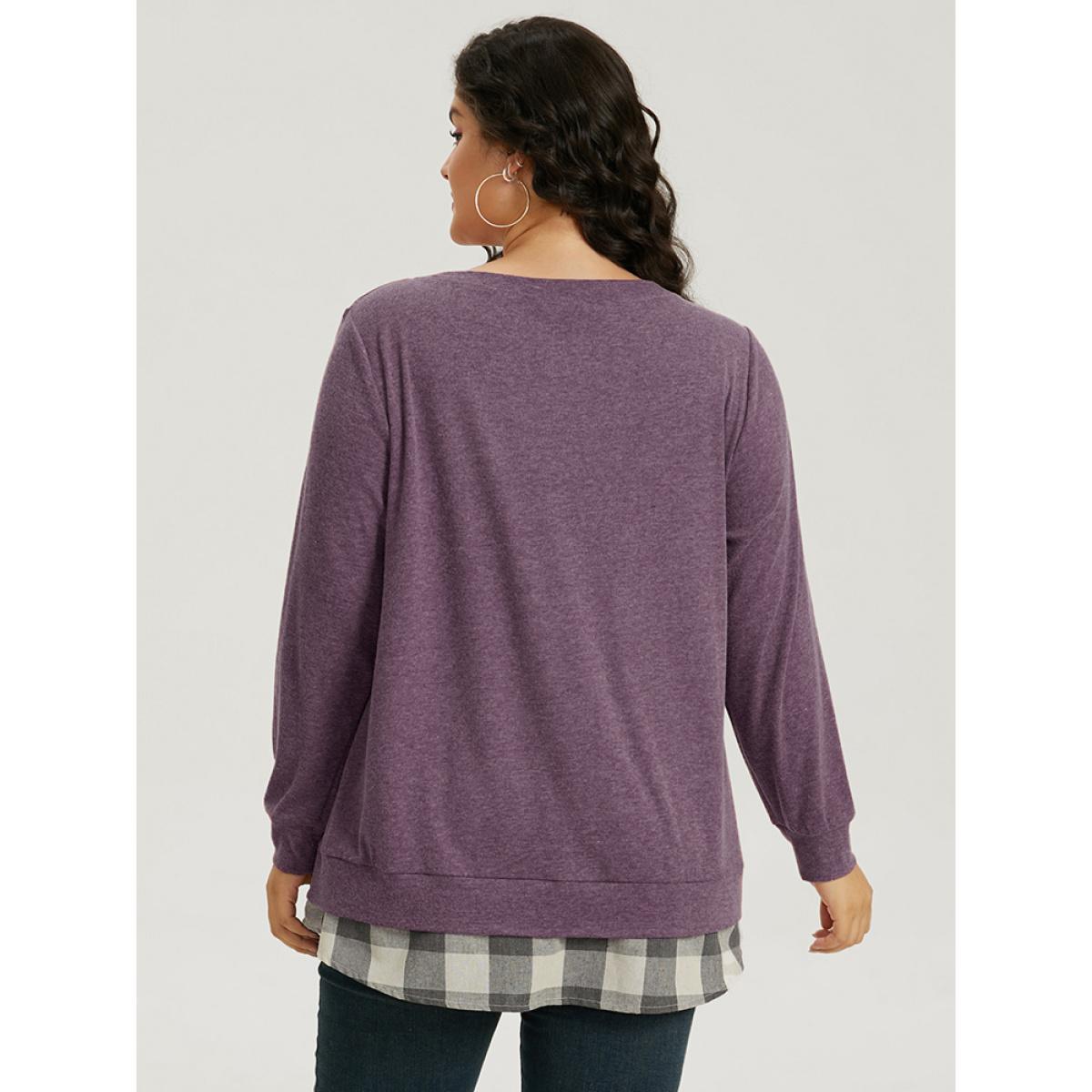 Plus Size Heather Plaid Patchwork Crew Neck T-shirt Purple Women Casual Heather Plaid Round Neck Everyday T-shirts BloomChic 18-20/2X Product Image