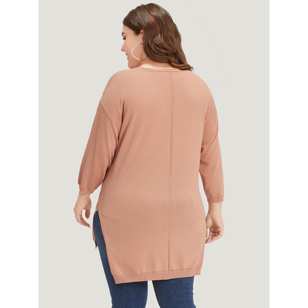 Plus Size Solid Patched Pocket Split Side High Low Hem Pullover Salmon Women Casual Loose Elbow-length sleeve Round Neck Dailywear Pullovers BloomChic 22-24/3X Product Image