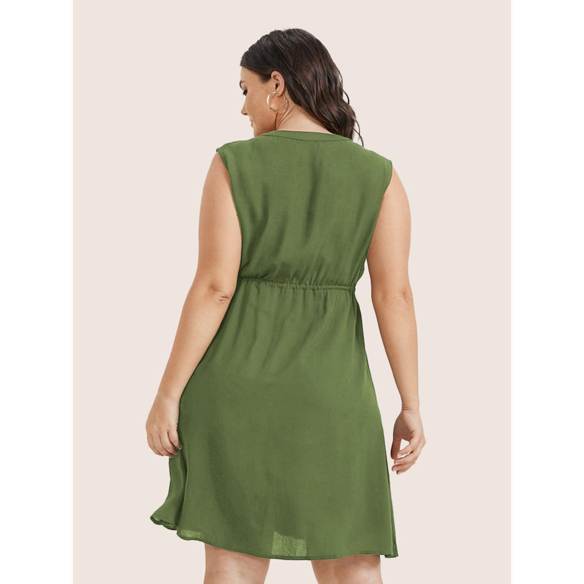 Plus Size Plain Ties Front Button Pocket V Neck Dress Mauve Women Work From Home Button V-neck Sleeveless Curvy Knee Dress BloomChic 12/L Product Image