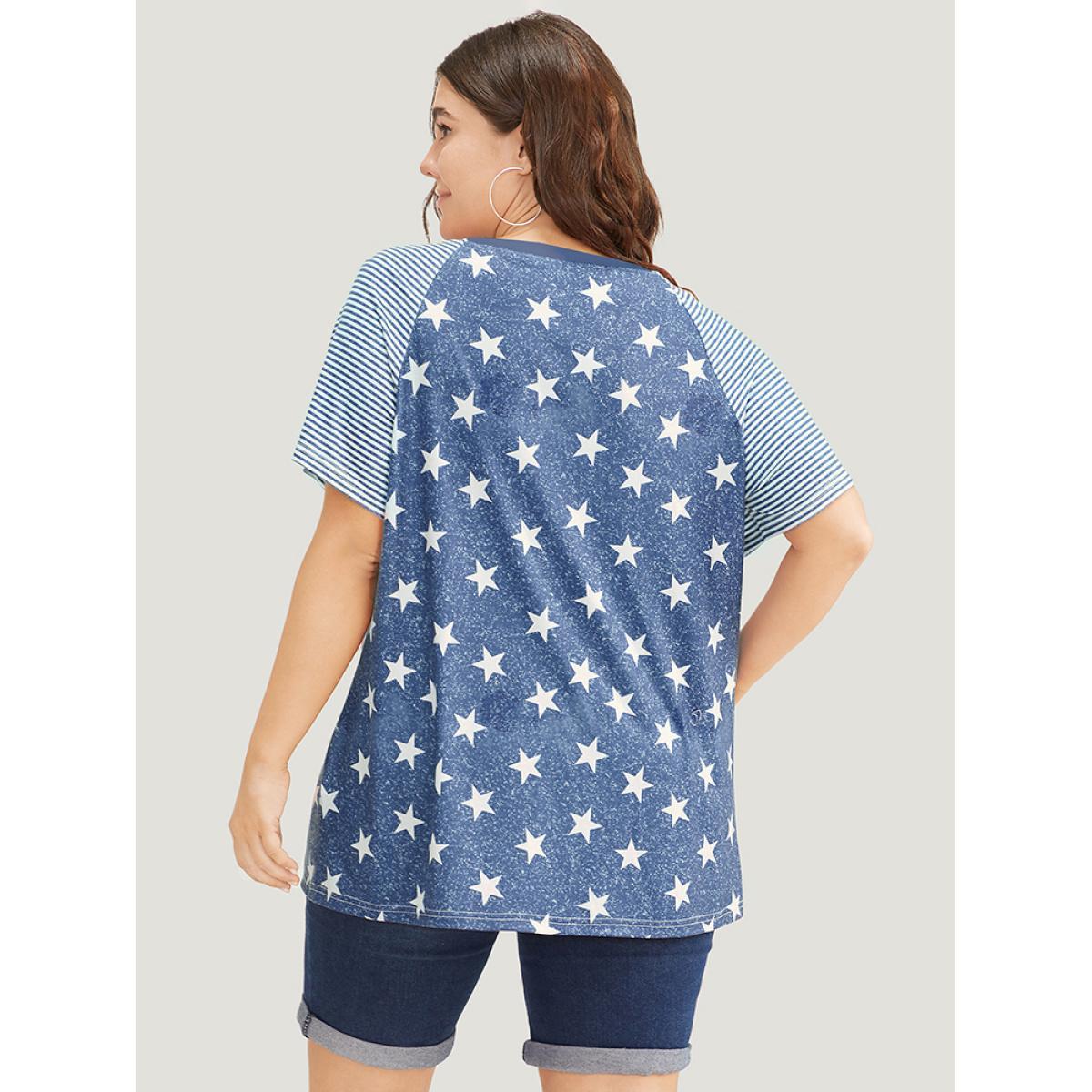 Plus Size Star Patchwork Striped Raglan Sleeve T-shirt Blue Women Casual Moon and Star Round Neck Dailywear T-shirts BloomChic 10/M Product Image