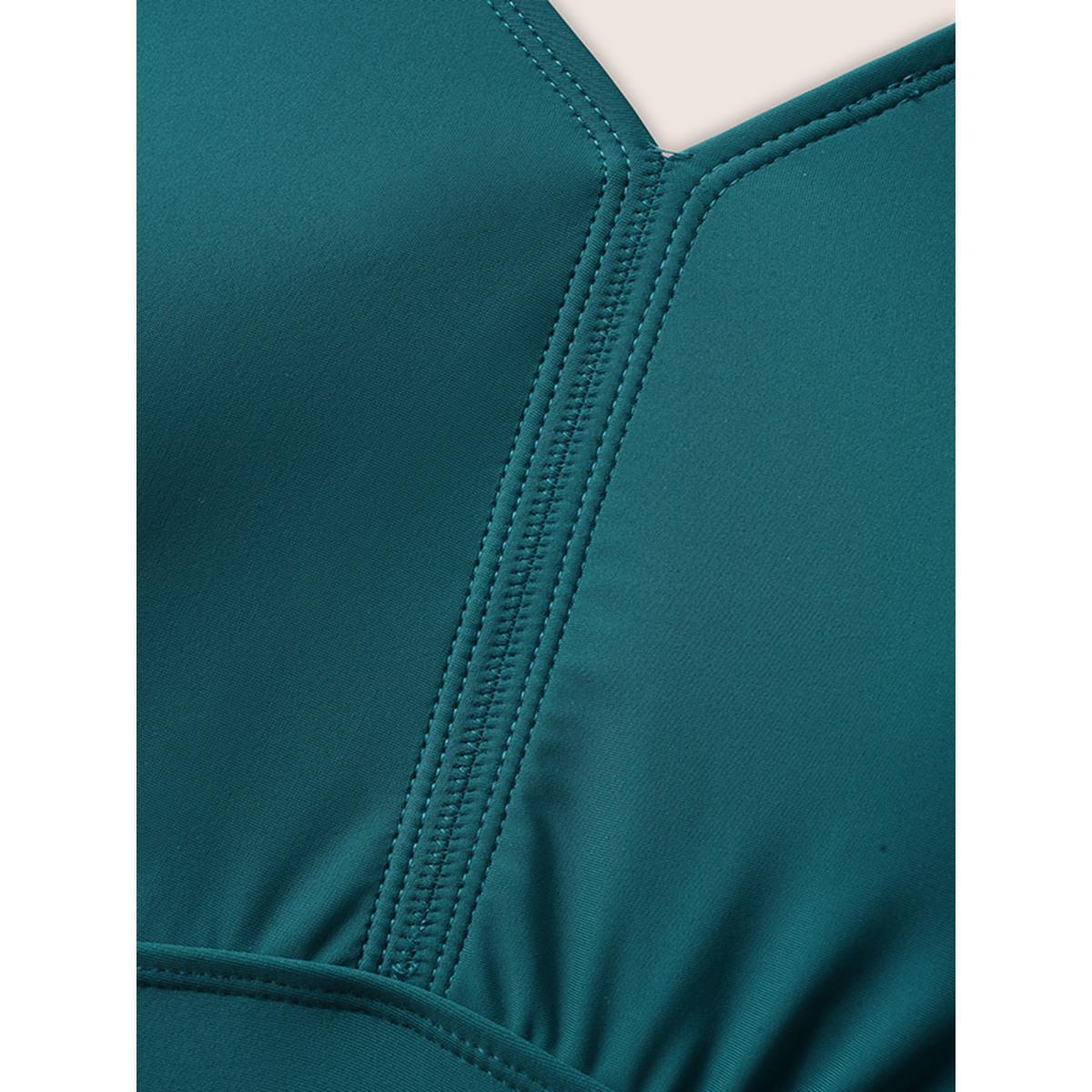 Plus Size Solid Gathered Cut Out High Stretch Swim Top Women's Swimwear Teal Beach Gathered High stretch Skinny V-neck Curve Swim Tops BloomChic 14-16/1X Product Image