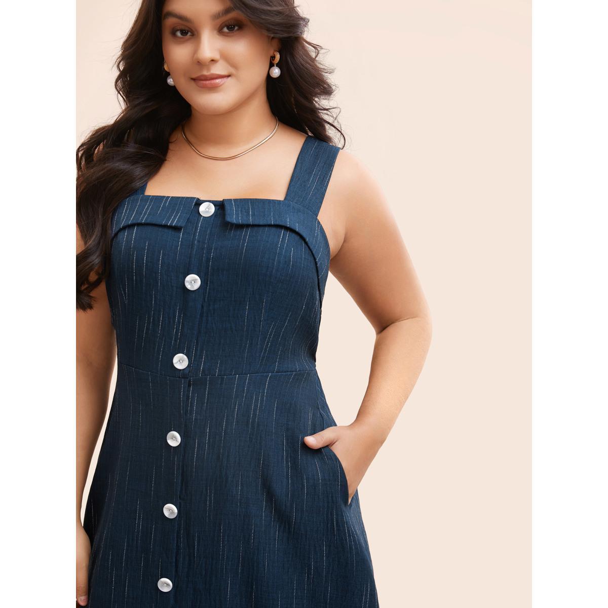 Plus Size Striped Denim Effect Print Button Detail Dress Navy Women Elegant Texture Square Neck Sleeveless Curvy BloomChic 28/5X Product Image