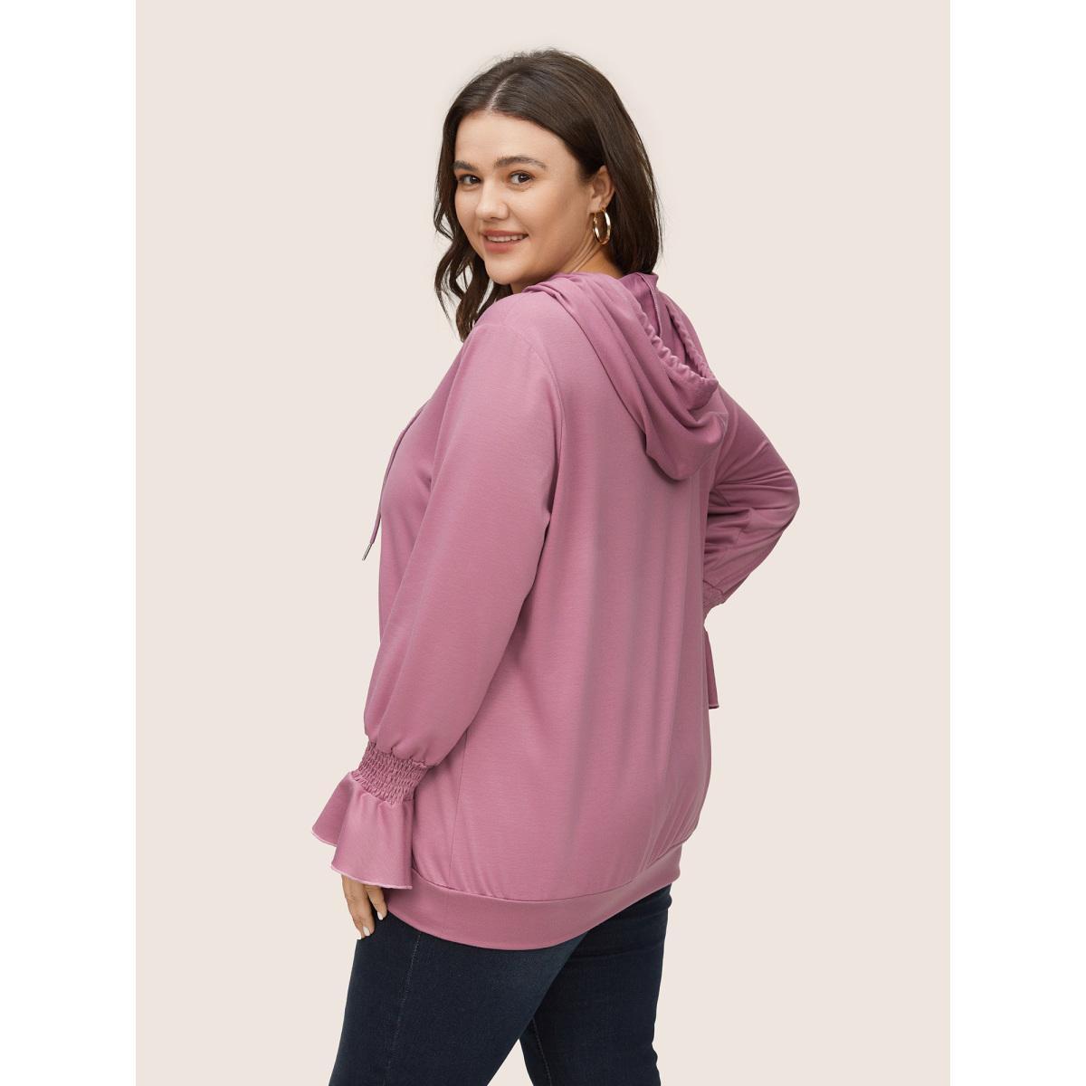 Plus Size Solid Shirred Flounces Hooded Sweatshirt Women DustyPink Casual Plain Hooded Everyday Sweatshirts BloomChic 10/M Product Image