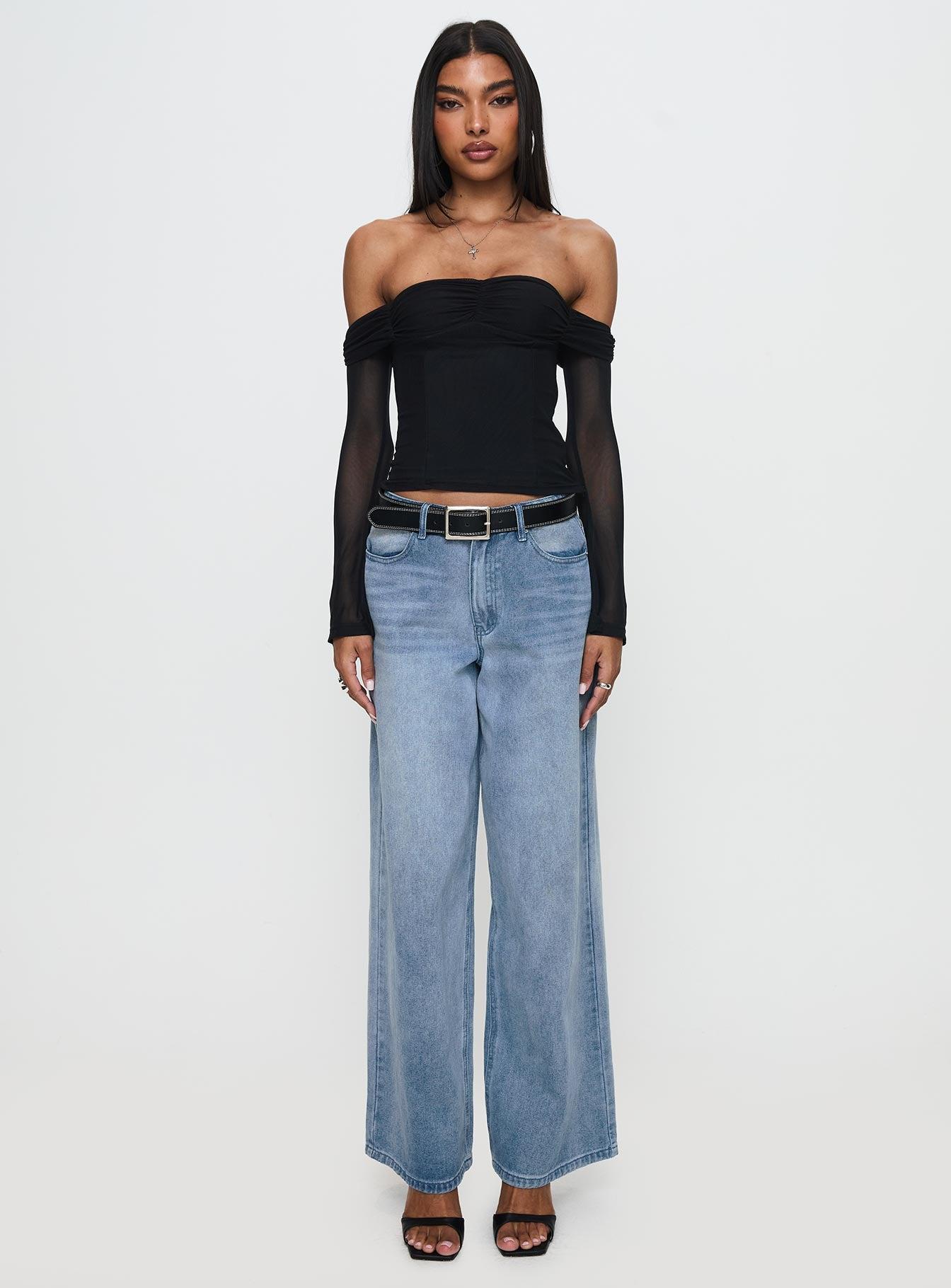 Saelan Off Shoulder Long Sleeve Top Black Product Image