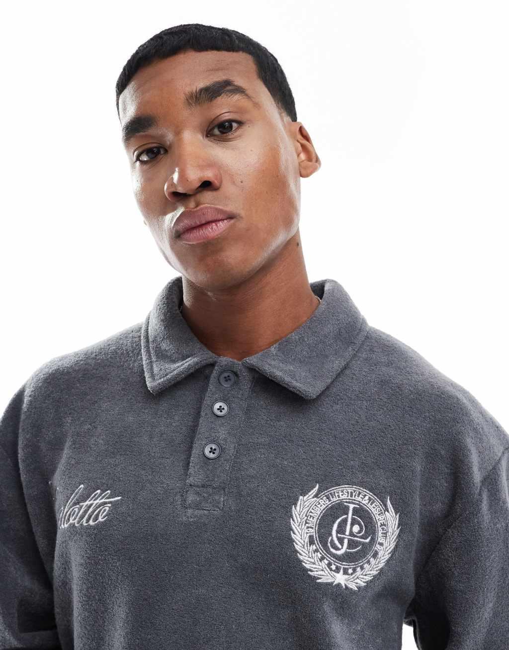 ASOS DESIGN oversized polo sweatshirt with embroidery in gray Product Image