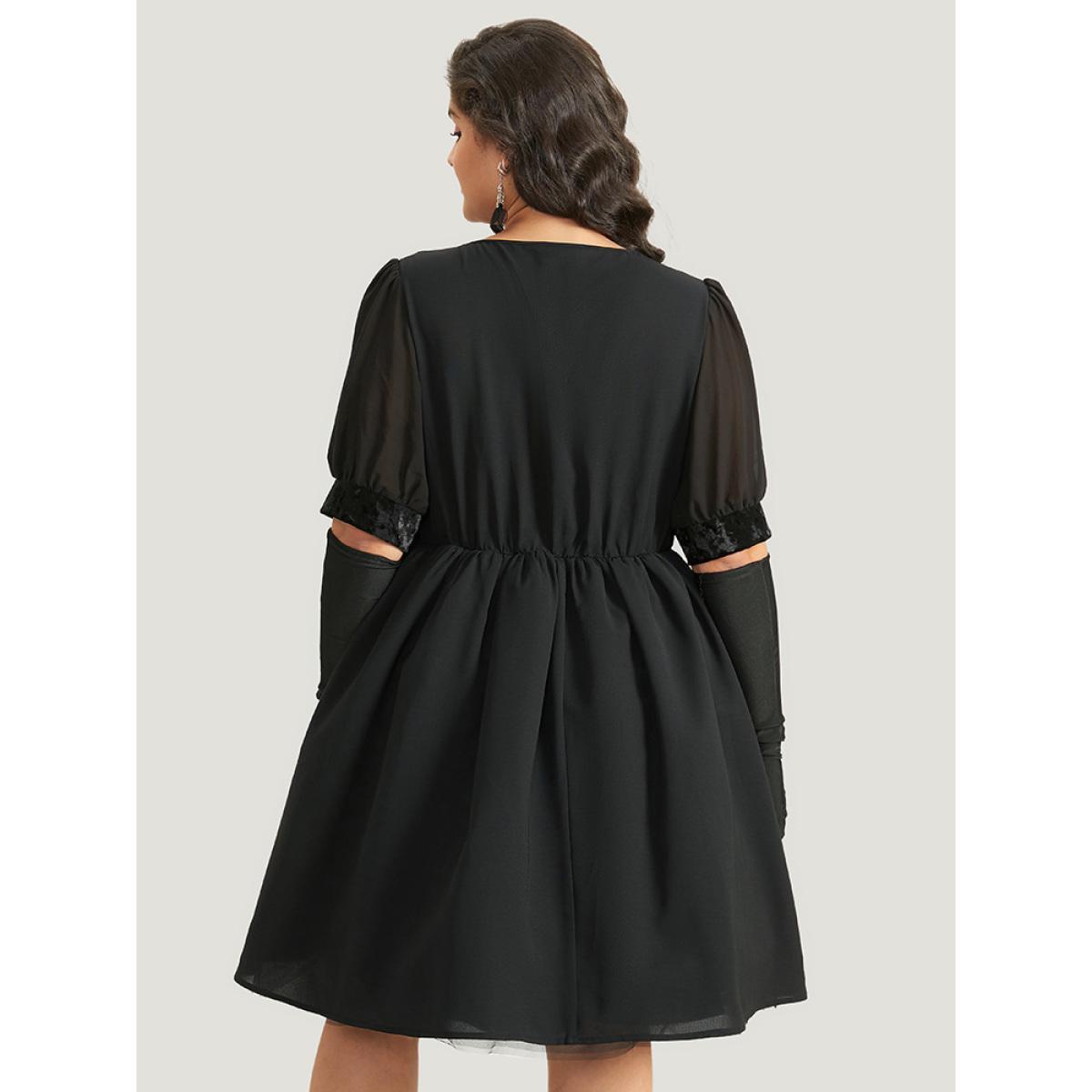Plus Size Halloween Plain Lapel Collar Lantern Sleeve Mesh Dress Black Women Elegant See through V-neck Half Sleeve Curvy Knee Dress BloomChic 12/L Product Image