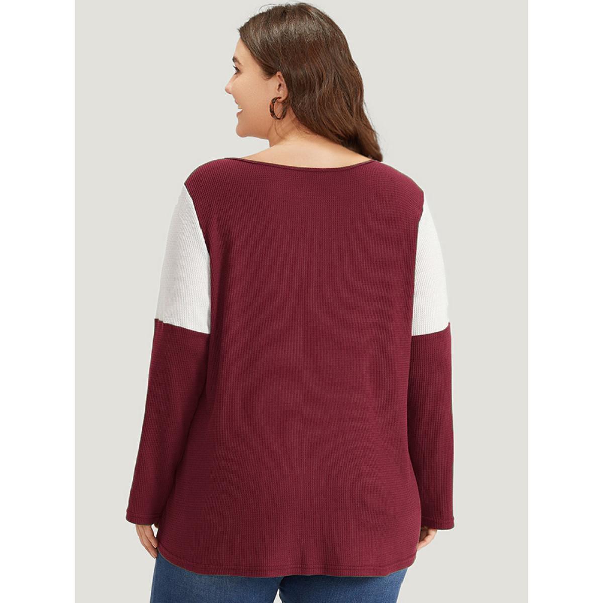 Plus Size Colorblock Contrast Button Detail Crew Neck T-shirt Burgundy Women Casual Contrast Plain Round Neck Dailywear T-shirts BloomChic 14-16/1X Product Image
