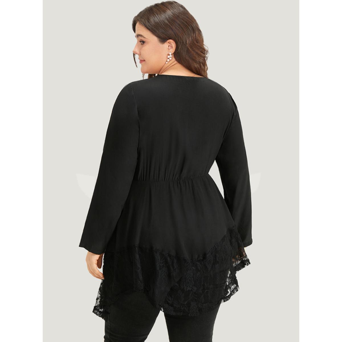 Plus Size Black Halloween Plain Lace Asymmetrical Hem Blouse Women Elegant Long Sleeve V-neck Dailywear Blouses BloomChic 26/4X Product Image