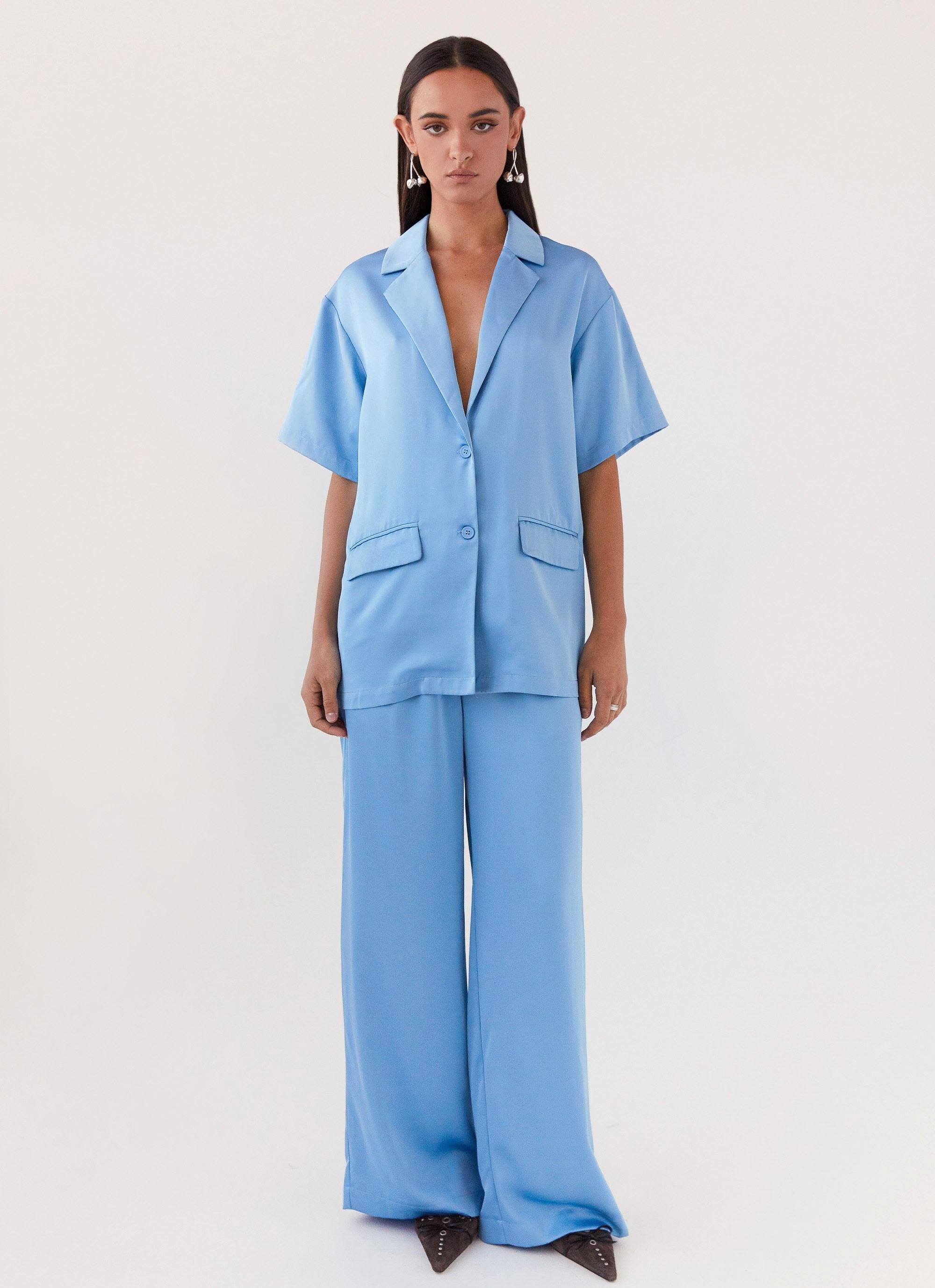 Brinkley Oversized Satin Shirt - Sky Blue Product Image