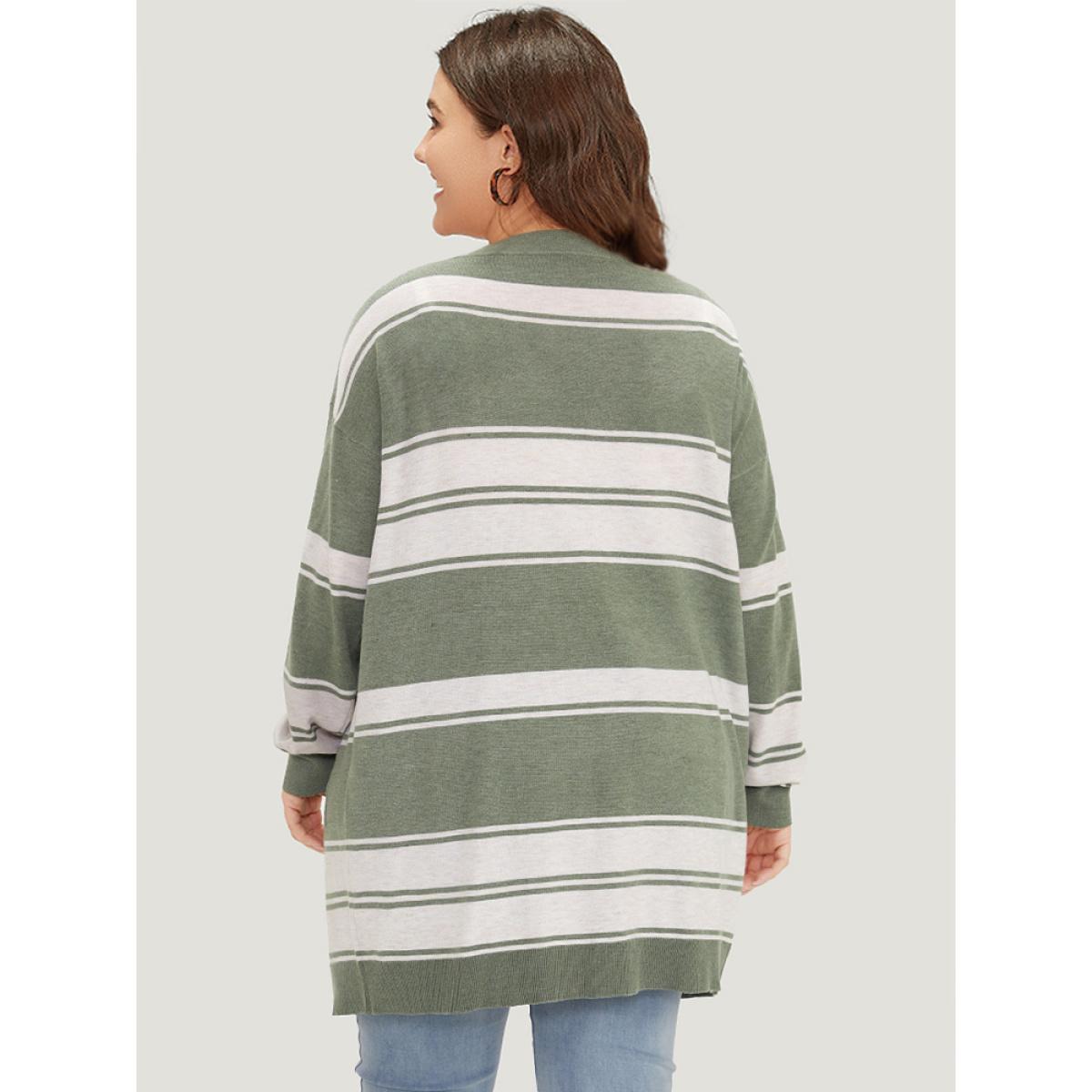 Plus Size Striped Patchwork Open Front Pocket Cardigan Green Women Casual Long Sleeve Everyday Cardigans BloomChic 14-16/1X Product Image