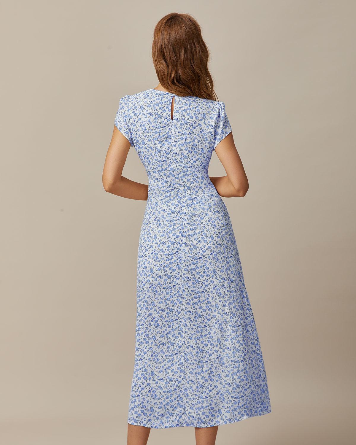 The Blue Round Neck Floral Slit Midi Dress Product Image