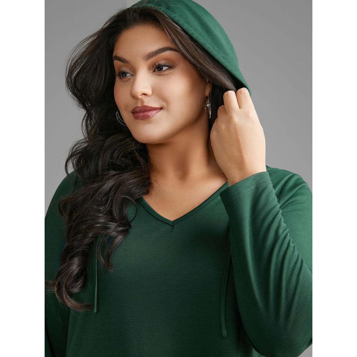 Plus Size Hooded Drawstring Asymmetrical Hem Sweatshirt Women DarkGreen Casual Drawstring Loose Hooded Everyday Sweatshirts BloomChic 28/5X Product Image