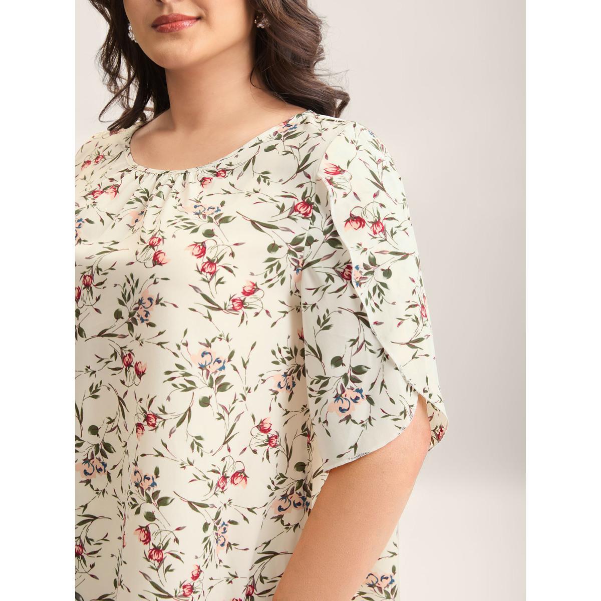 Plus Size Ivory Floral Print Petal Sleeve Pleated Blouse Women Elegant Elbow-length sleeve Round Neck Everyday Blouses BloomChic 30/6X Product Image