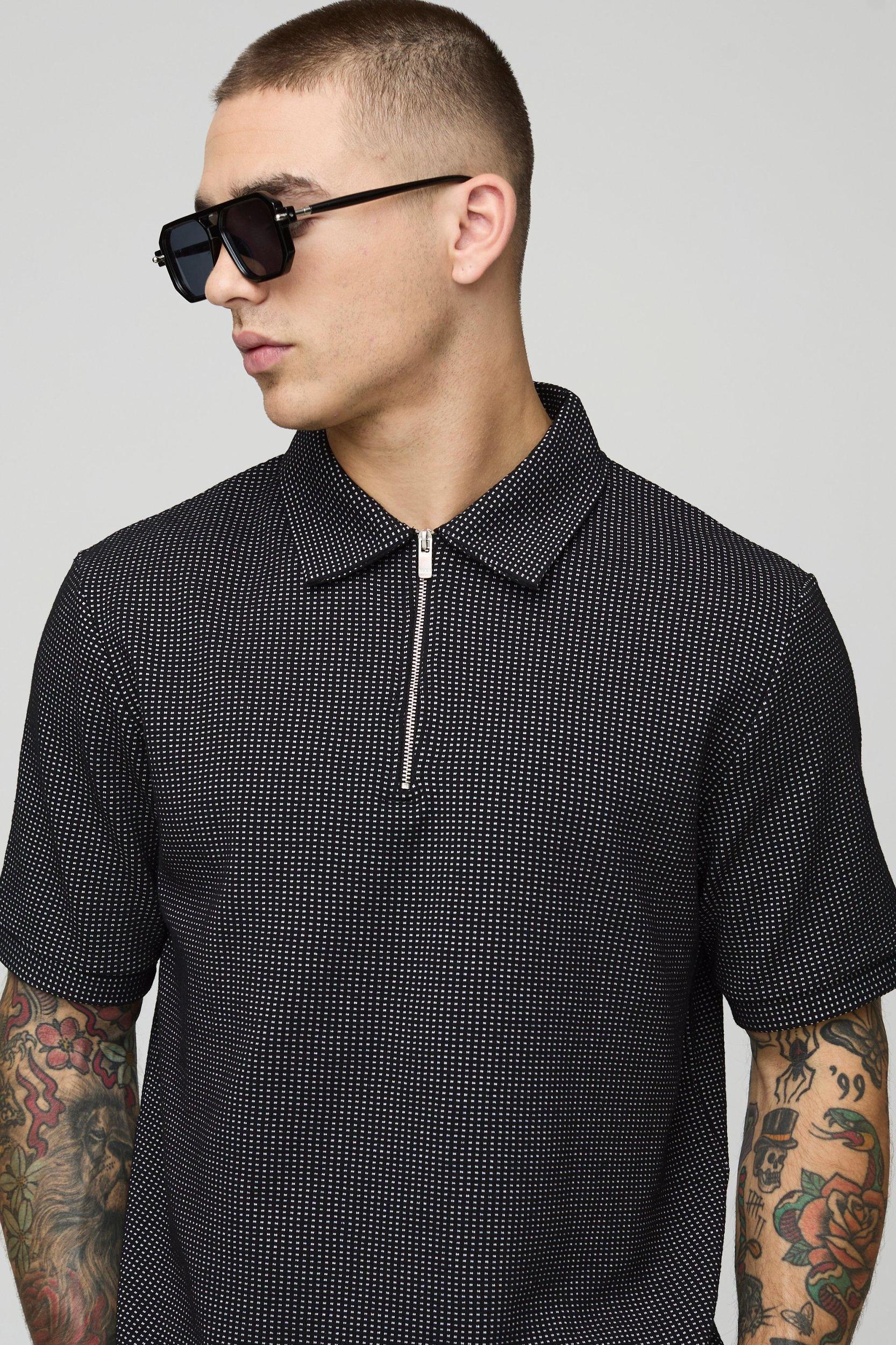 Regular Fit Contrast Waffle Zip Neck Polo | boohooMAN USA Product Image