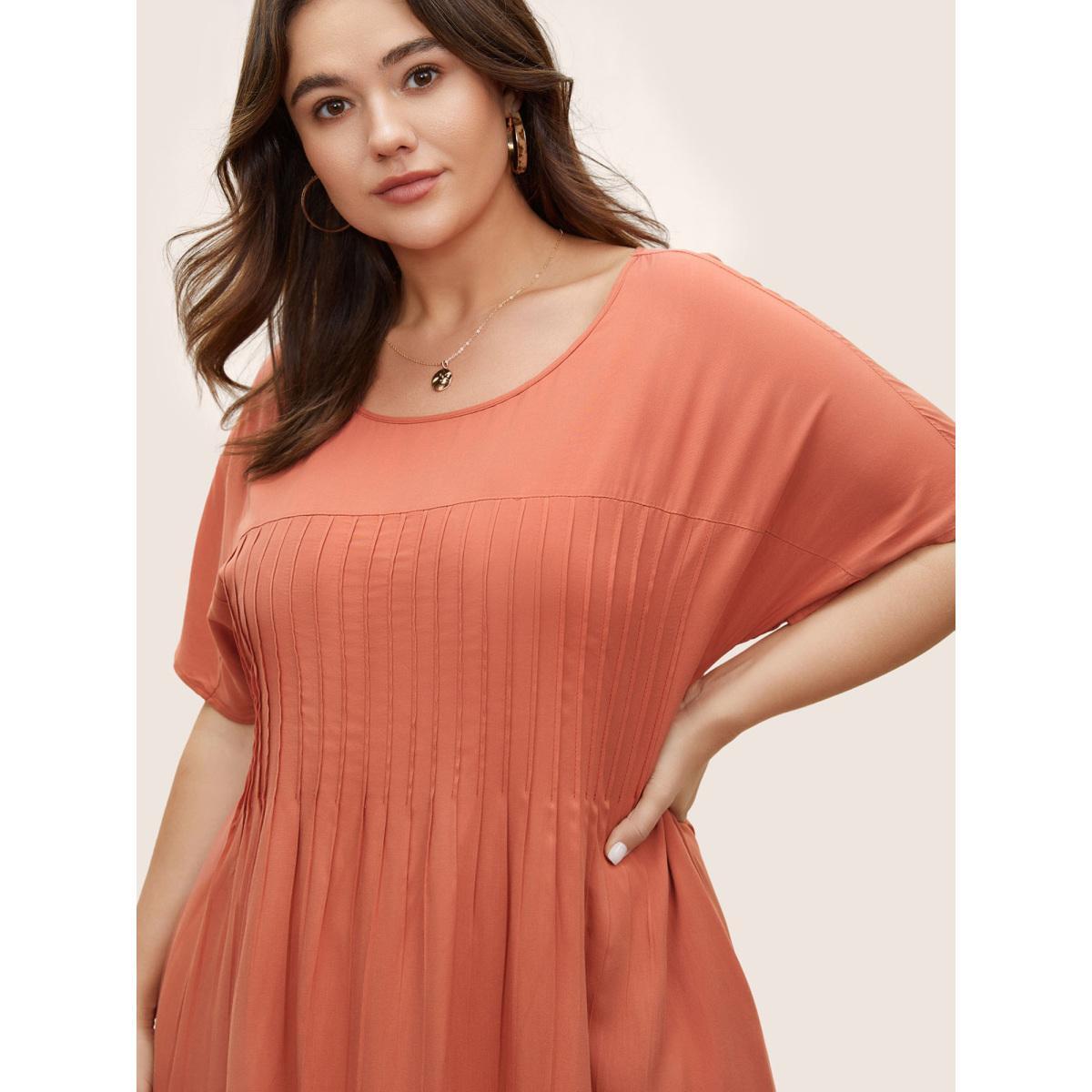 Plus Size Plain Pleated Pocket Rayon Midi Dress Coral Women Casual Non Round Neck Short sleeve Curvy Midi Dress BloomChic 10/M Product Image