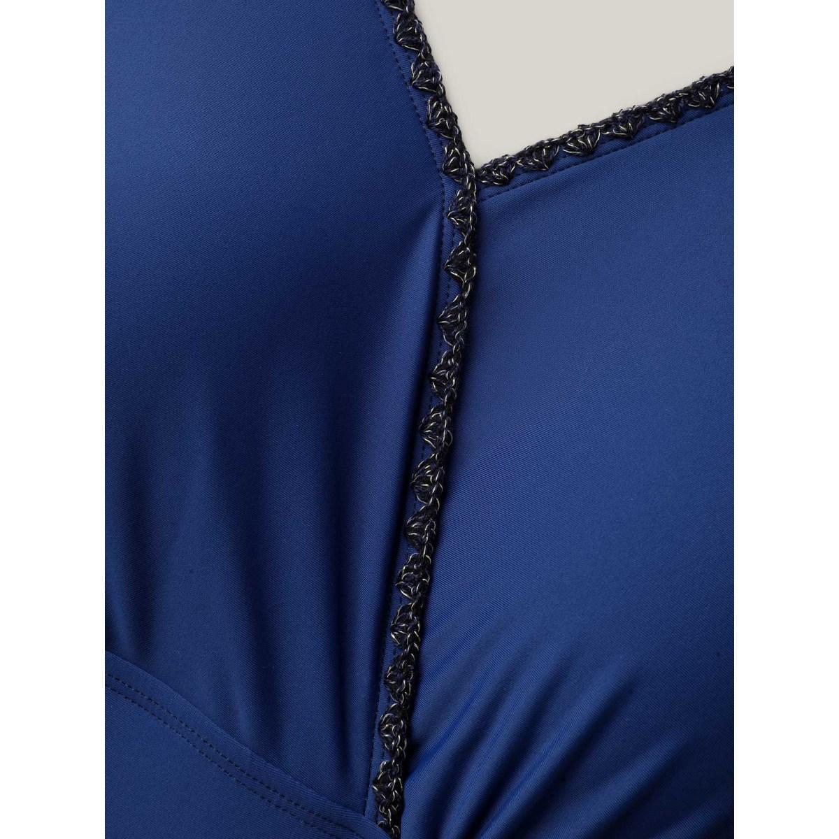 Plus Size 2-in-1 Embroidered Surplice Swim Dress Women's Swimwear Indigo Beach Bodycon Overlap Collar High stretch Curve Swim Dresses BloomChic 18-20/2X Product Image