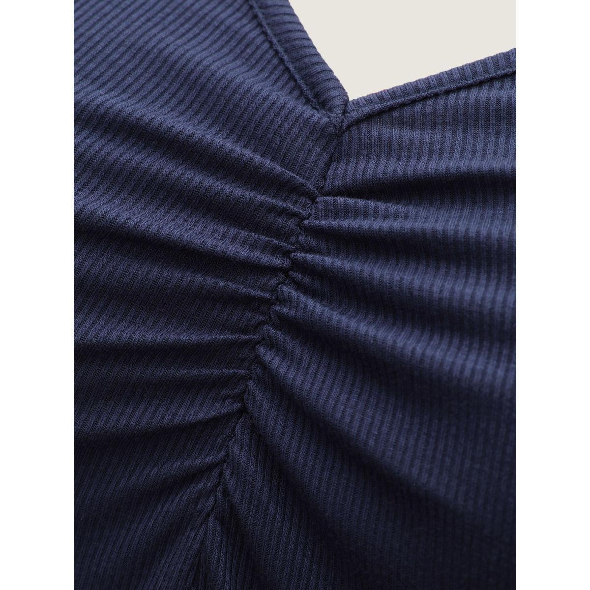 Plus Size Pleated Neckline Slim-Fit Plain T-Shirt Indigo Women Gathered V-neck Bodycon Everyday-Elegant T-shirts BloomChic 12/L Product Image