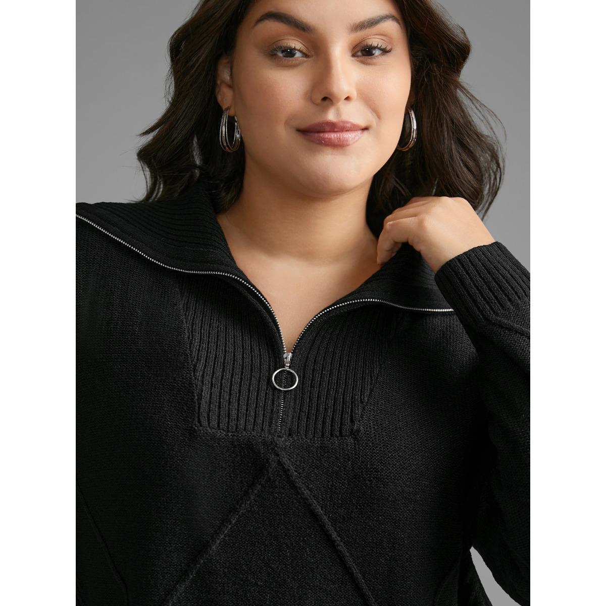 Plus Size Texture Half Zip Drop Shoulder Pullover Black Women Casual Loose Long Sleeve Polo Everyday Pullovers BloomChic 22-24/3X Product Image