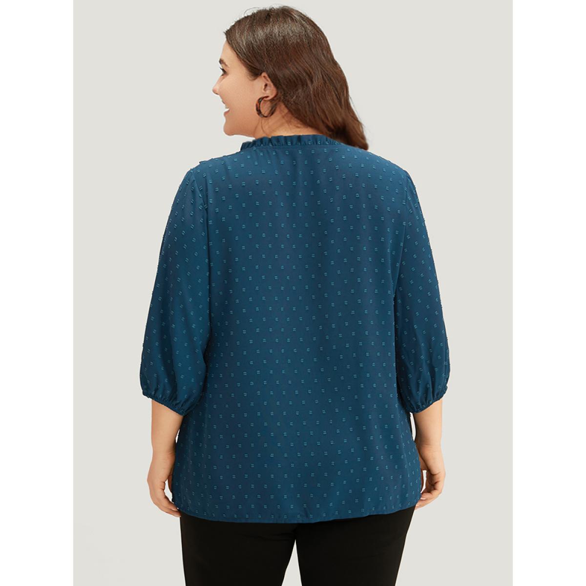 Plus Size Indigo Polka Dot Frill Trim Lantern Sleeve Blouse Women Elegant Elbow-length sleeve V-neck Dailywear Blouses BloomChic 30/6X Product Image