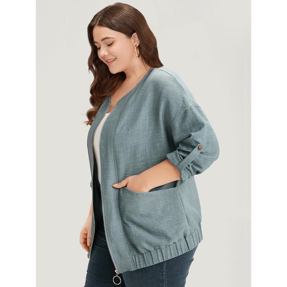Plus Size Plain Pocket Zipper Tab Sleeve Jacket Women Aegean Zipper Pocket Dailywear Jackets BloomChic 22-24/3X Product Image