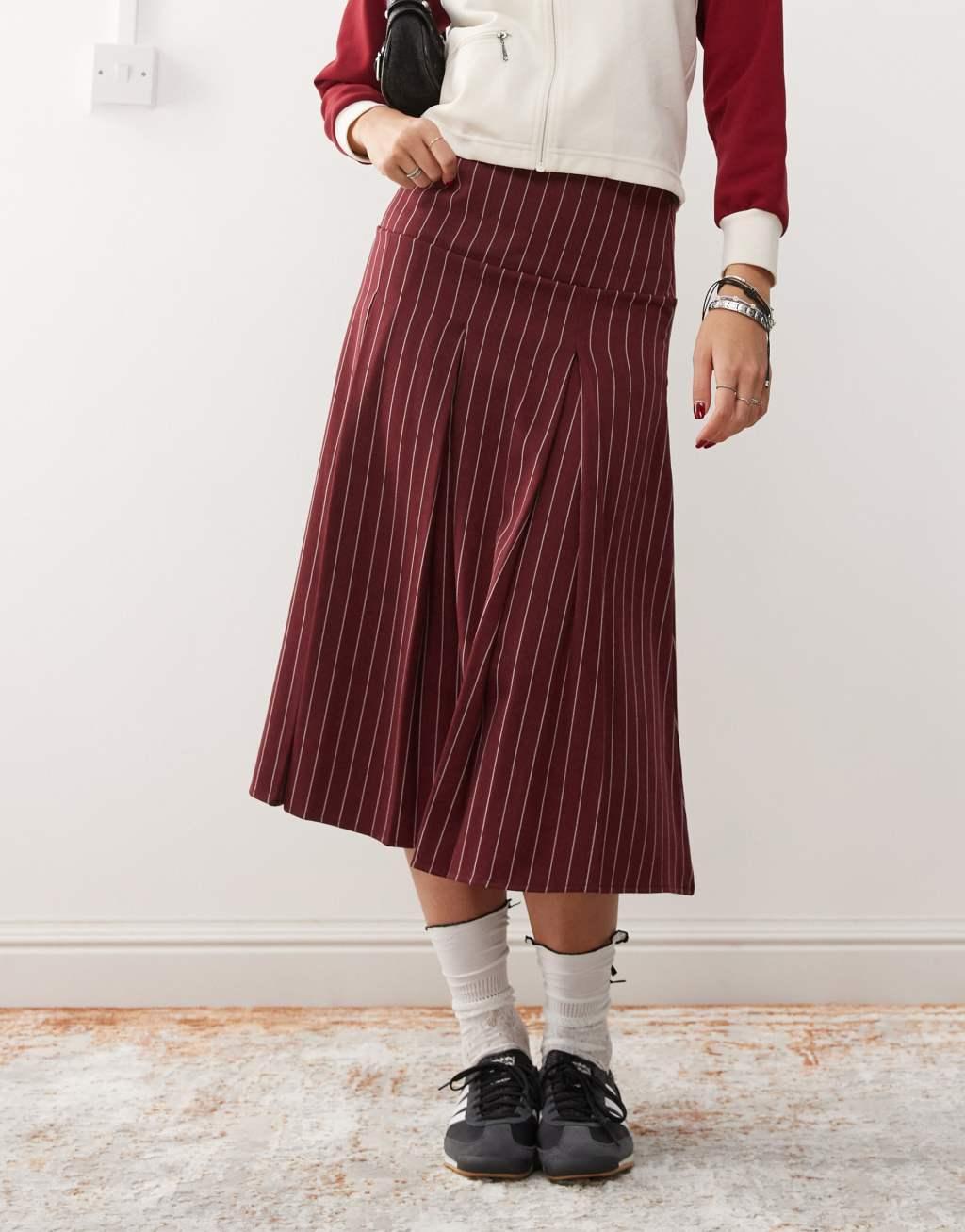 Reclaimed Vintage pleated midi skirt in burgundy pinstripe Product Image